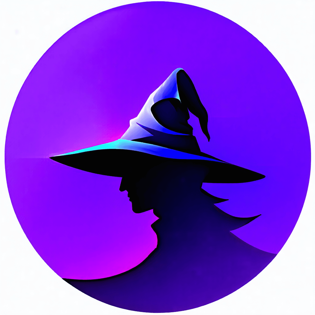 "Envision a logo that encapsulates the enchanting ethos of a fairy-tale realm, designed to stimulate the curiosity of youthful explorers. The logo showcases a classic wizard's cap, rendered in a bold 3D abstract style that conveys innovation and elegance. The colour palette merges mystical hues of deep violet and midnight blue to inspire a sense of awe and thrill. Ingeniously incorporate the silhouette of a magical staff or an ancient scroll into this design using the method of negative space within a circular