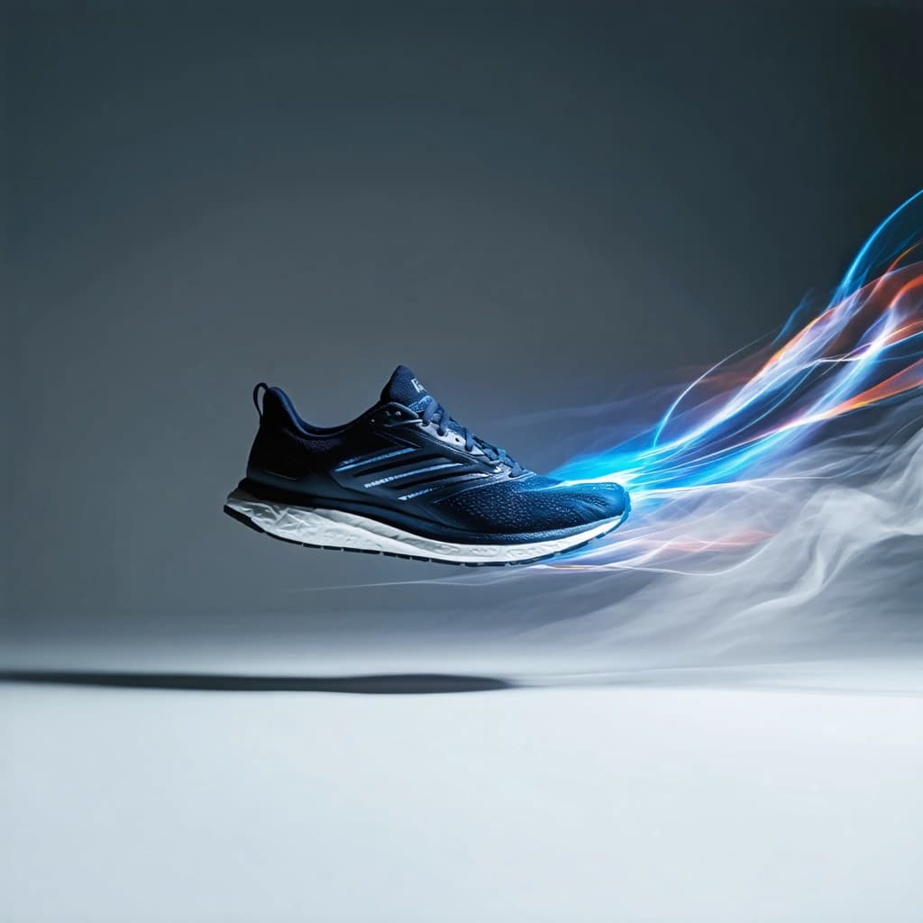 Create an image featuring a pair of running shoes suspended in air as if caught in mid-stride. The setting is a professional studio, illuminated by soft, diffuse studio lighting to highlight the shoes' vibrant colors and sleek design. The background should be minimalist white, emphasizing the shoes' details and colors without distraction. Add dynamic motion effects in the form of speed lines trailing from the back of the shoes to convey a sense of rapid movement. The shoes should prominently display a logo, subtly integrated to suggest brand identity without overwhelming the design. Opt for a color scheme that uses vibrant, saturated colors to make the shoes stand out, with particular attention to contrasting hues that accentuate the shoes' innovative features and contour lines.