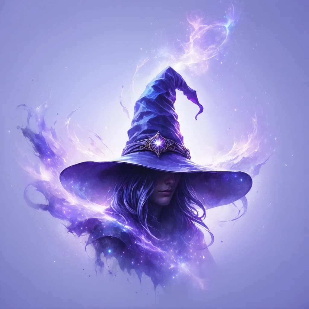 "Envision a logo that captures the essence of mysticism and enchantment, centered around a classic conical wizard hat as its main subject. This design should come to life through a color scheme of mystical purples and silvers, embodying a sense of wonder. The background or the hat should feature a smooth gradient texture, enhancing the magical feel. Typography plays a crucial role in this design, with a curvy, whimsical font that echoes the logo's mystical theme. To frame this enchanting scene, include a subtle border or frame that complements the overall design without overwhelming it. The mood is mysterious and captivating, inviting viewers into a world of magic. The use of a monochromatic scheme within the purples and silvers emphasizes contrast, focusing attention on the logo's central elements. This logo should not only serve as a symbol but also tell a story of magic, mystery, and enchantment, making it unforgettable."