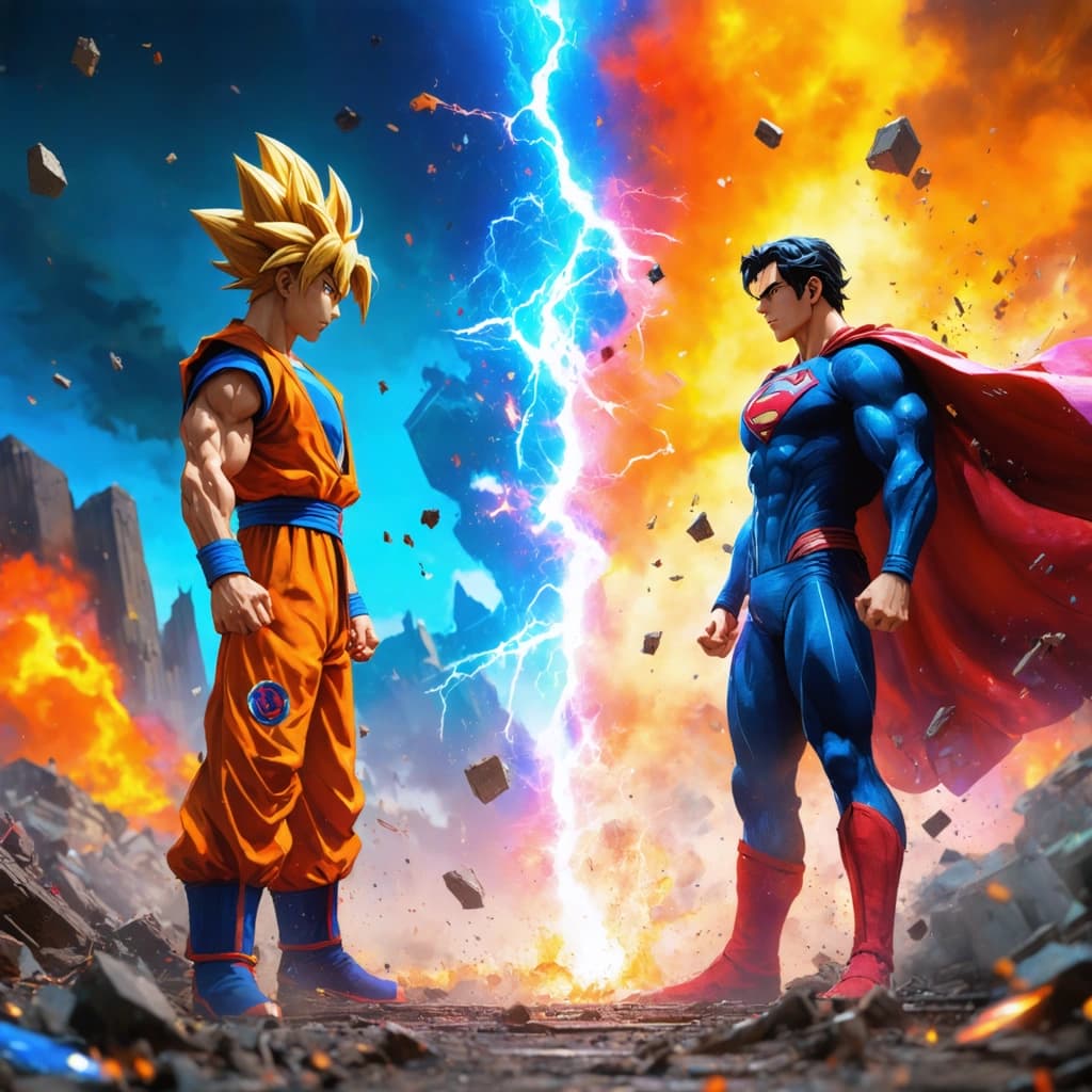 Envision a vibrant, anime-style showdown capturing Goku and Superman amidst an epic battle, set against a backdrop of chaos and destruction. The scene is alive with the remnants of their clash, debris scattered around as a testament to their power. Goku, in his iconic orange gi, stands off-center, his body radiating with the intense energy of someone powering up, his expression a mix of determination and fierceness. The air around him crackles with dynamic energy effects, highlighting the intensity of the moment. Superman, matching Goku's fierce determination, engages with equal vigor, their powers clashing in a spectacle of colorful energy blasts and shockwaves that illuminate the scene with vivid, saturated colors.

In the background, Vegeta observes the battle from a distance, his presence adding depth to the narrative. The composition is dynamic, viewed from an angle that accentuates the action and the powerful energy emanating from the combatants. Above, a shattered moon hangs in the sky, its fragments echoing the destruction below and adding a symbolic layer to the scene.

The lighting is masterfully crafted from the colorful energy blasts, casting dramatic shadows and creating a vivid contrast that enhances the overall visual impact. This scene is not just a battle but a moment frozen in time, capturing the essence of anime's dynamic expressiveness and stylized vibrancy, tailored for the SDXL model with a resolution of 1024x1024, a guidance scale of 7, and sampling steps of 50 to bring this electrifying moment to life with unmatched clarity and detail.