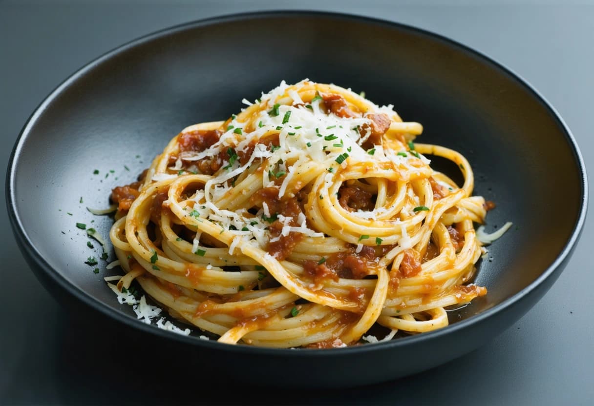 "Construct an image in high-resolution of a traditional carbonara dish, honing in on a macro shot to underscore the velvety consistency of the sauce and the lustrous, honey-hued threads of spaghetti. The serving dish should be a minimalist, matte black, offering a stark backdrop that contrasts with the rich colors of the meal. Bathe the scene in deep, ambient lighting to accentuate the intricate details and shades, casting dramatic shadows that amplify the sculptural aspect of the pasta and