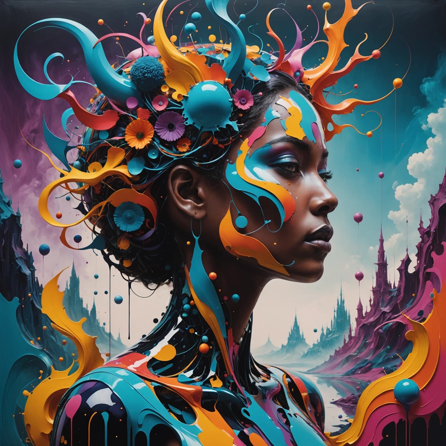 "Craft a surreal representation of human consciousness applying vibrant and contrasting colors, focusing on organic and fluid forms. The artwork should incorporate glossy finishes and smooth textures to enhance the visual experience. Position this intricate visual narrative against a blurred, undefined backdrop, generating a hazy boundary between the foreground and background to induce a dreamlike and fantastical atmosphere. Emphasize on integrating visual elements like glowing neon threads, signifying neural pathways, and floating spheres of light to represent moments of thought and"
