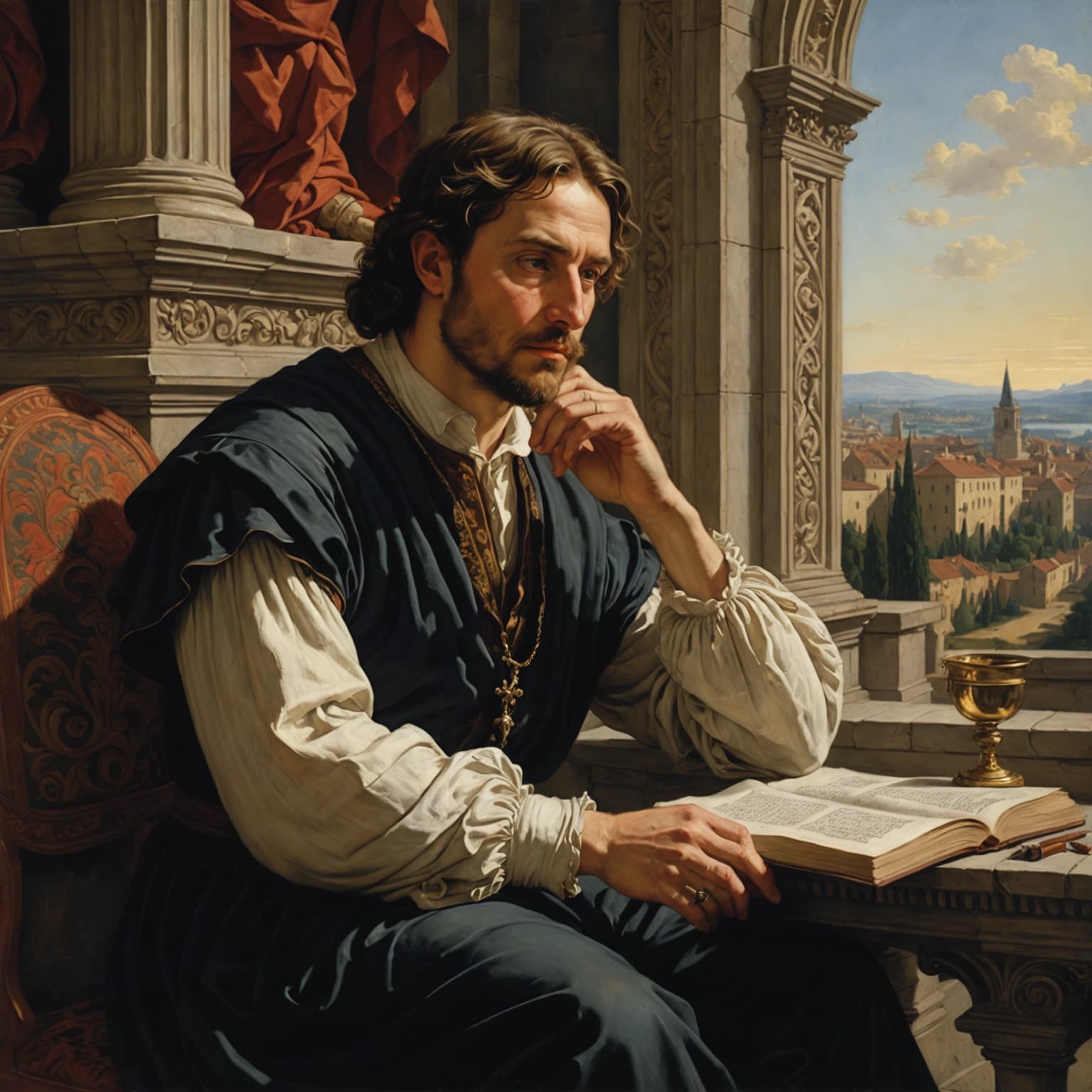 Craft an oil painting in the Renaissance style, encapsulating a philosopher deeply engrossed in thought, his hand poised thoughtfully on his chin as he leans over a windowsill. The setting is a classic Renaissance interior, rich with architectural details like Corinthian columns and coffered ceilings. The background should be filled with elements indicative of a scholar's study, including scrolls, manuscripts, and perhaps a globe or astrolabe, subtly integrating into the scene without drawing focus from the main subject.

The lighting should be soft and natural, filtering through the window to highlight the philosopher's thoughtful expression and the intricate textures of his robes and the room's furnishings. The color palette must primarily consist of earth tones, with subtle variations to add depth and warmth to the scene. The character's pose and expression are paramount, capturing a moment of deep contemplation and intellectual pursuit.

In terms of composition, the philosopher should be positioned off-center, with the window serving as a natural frame to the outside world, symbolizing the vastness of thought and knowledge he seeks to navigate. The interplay of light and shadow, along with the detailed rendering of materials like wood, fabric, and paper, should be leveraged to create a balanced and harmonious visual narrative that pays homage to the Renaissance era's artistic principles.