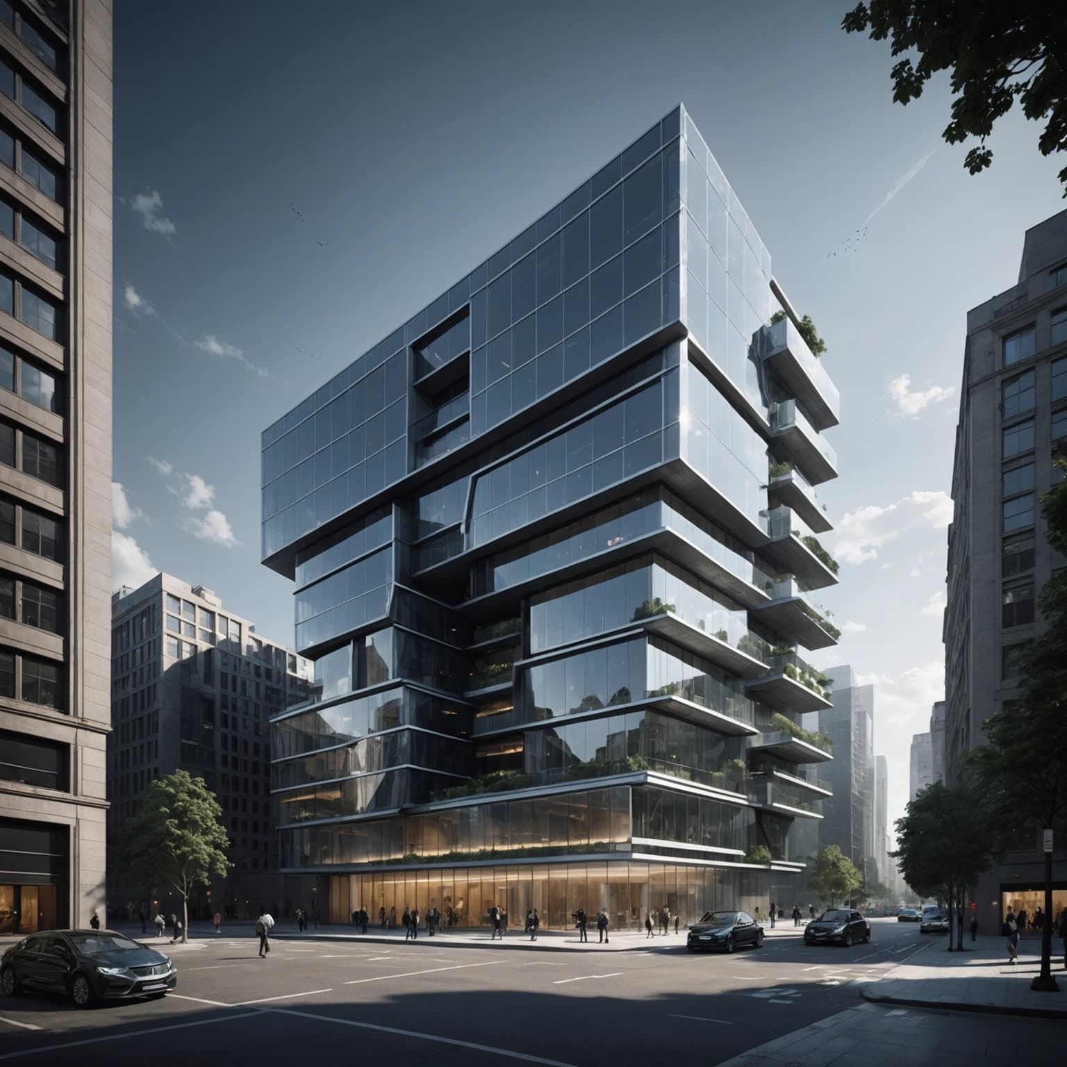 "Produce an image of a modern, futuristic building, characterized by its unconventional and novel structure that goes against standard architectural principles. The building should predominantly showcase glass facades, contributing to its avant-garde charm. It should be bathed in subtle moonlight, adding a sense of mystique and emphasizing its geometric complexity and sleek surfaces, thereby augmenting its futuristic vibe. Set it against a backdrop of an urban skyline, humming with similar yet less striking buildings to underline the main building's dominance in