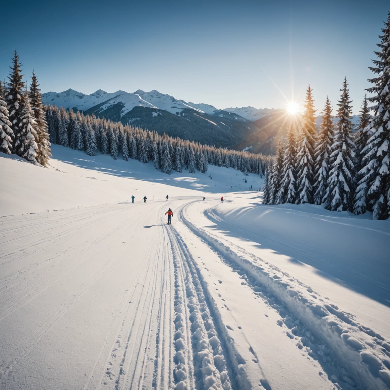 Create a wide-angle landscape image showcasing a vast snowfield under the bright noon sun in winter. The scene is dotted with snow-covered coniferous trees, adding depth and texture to the composition. In the distance, small figures of people can be seen engaging in activities such as skiing and snowboarding, adding a dynamic human element to the serene winter setting. The lighting should highlight the sparkling, untouched snow and cast soft shadows behind the trees, enhancing the sense of a cold, crisp winter day. The composition should draw the viewer's eye across the snowfield to the distant mountains, creating a sense of vast open space and tranquility.