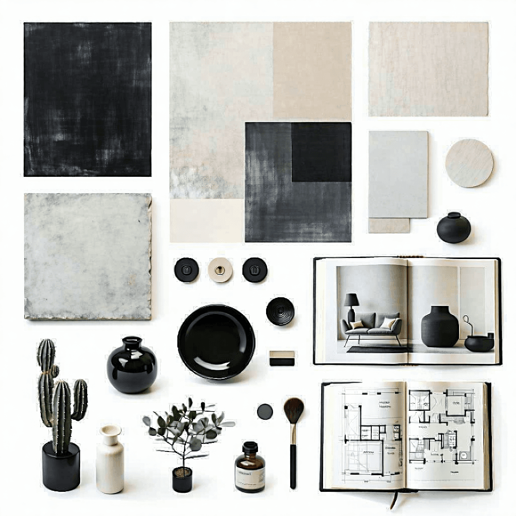 Craft a photographic image capturing a modern interior design moodboard in a clean, cohesive collage layout. This moodboard should showcase a symmetrical arrangement of flat-lay styled objects and materials that speak to an elevated modern style blended with minimalist warmth and a touch of Scandinavian design. Key elements include monochrome fabric swatches (black, white, grey, beige), matte black hardware against a white background, brushed steel finishes, fluted glass samples with soft shadows capturing the light play, terrazzo and polished concrete tiles with a high-gloss finish, an open sketchbook revealing modern floorplan drawings, abstract neutral-toned artwork shot from an artistic angle, minimalist lighting fixtures emphasized by the negative space around them, smooth ceramic decor contrasted against white marble with subtle veining, and detailed architectural model details including miniature furniture. The entire composition should be lit with soft, natural overhead lighting, highlighting macro shots of fabric swatches and the textures of the materials, arranged in a Pinterest-style grid layout with ample white space. Incorporate natural wood accents to infuse the Scandinavian modern blend, and ensure the layout is portfolio-ready, reflecting a minimalist editorial photography style.
