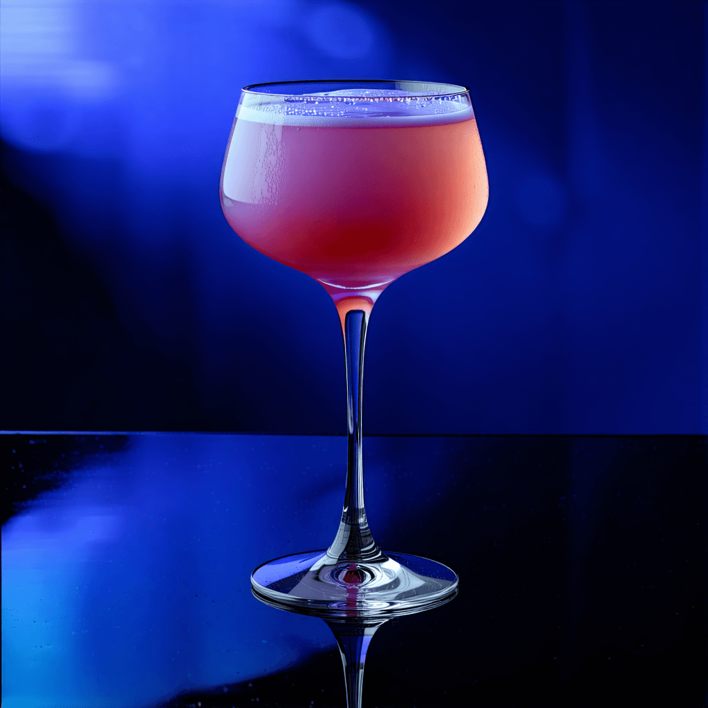 Craft an 8K, highly detailed, cinematic photograph capturing a tall stem wine glass filled with a mesmerizing blue-magenta gradient drink. This glass, positioned slightly off-center to the left, rests on a glossy black counter that reflects its form, enhancing the scene's elegance. Illuminate this setup with a soft spotlight from above, focusing on the rim and the delicate condensation droplets that adorn the glass, adding a tactile texture. The lighting should cast subtle, distorted reflections on the counter, introducing a layer of sophistication. From a slightly elevated front angle, capture this catalogue-style image, balancing realism with an air of sophistication. The background should feature a faint mist trail, adding depth and atmosphere. Ensure the glass's transparency is rendered with precision, showcasing the drink's gradient with vivid detail. Apply subtle vignetting and HDR processing to enhance contrast and highlights, focusing on the glass to achieve a selective depth of field. This composition should evoke an elegant and sophisticated mood, with a macro close-up detail emphasis on the drink and its immediate surroundings.
