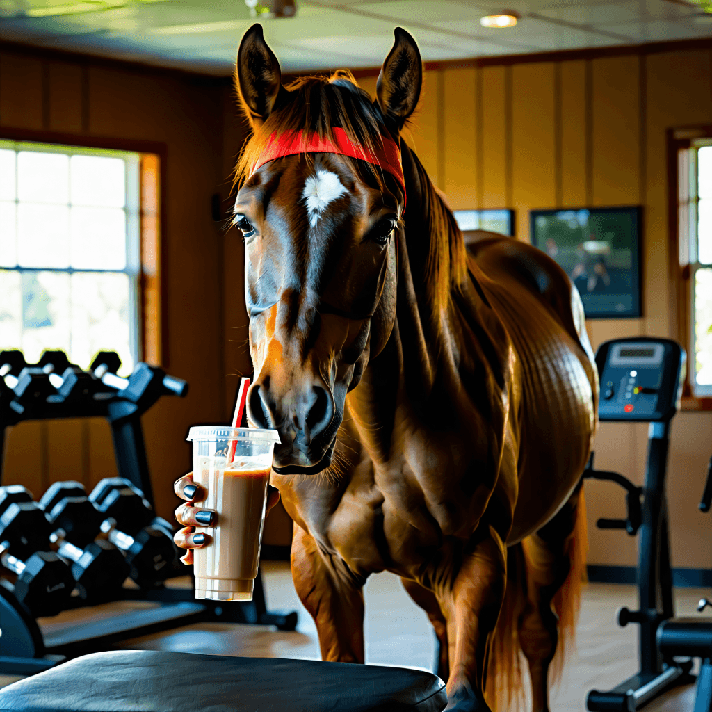 Envision a scene ripe with the absurd yet noble juxtaposition of a muscular, realistic brown horse, standing upright in a well-equipped gym. This horse, exuding an aura of determination, casually holds a protein shake bottle with its hoof, sipping through a straw, all the while donning a vibrant red sweatband that accentuates its focus. Its dead-serious expression, especially the intensity in its eyes, speaks volumes of its commitment. The background is a rich tapestry of classic gym equipment - dumbbells, weight benches, each highlighted to reveal their textures, and a whimsically motivating 'No Pain No Hay' poster adorns the wall. A tiny mouse peeks curiously from behind a weight bench, adding a subtle touch of humor to the scene. The entire tableau, rendered in the style of a classical oil painting, boasts rich textures and dramatic shadows, with fine brush strokes especially pronounced on the horse's muscular form. The lighting, soft yet directional from above, casts the scene in an almost noble light, with the horse sharply in focus against a slightly blurred background. The color palette is dominated by rich earth tones, with the sweatband's pop of red drawing the eye. A subtle texture overlay suggests more gym equipment in the background, and a faint horseshoe motif weaves through the scene, symbolizing strength and perseverance. This wallpaper, with its gallery-worthy sarcasm, marries the absurd with the artistic, creating a humorous but majestic image.