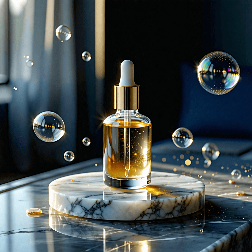 Envision a high-resolution, 8k photographic scene capturing the essence of serene elegance and minimalistic luxury. At the heart of this composition is a sleek, glowing serum bottle with a sophisticated dropper cap, perfectly positioned on a round pedestal crafted from the finest marble, showcasing delicate veining. The bottle is bathed in the soft, diffused light of a tranquil morning, enhancing the natural textures and creating gentle shadows that accentuate the bottle's form. Surrounding this central masterpiece, the air is alive with floating translucent bubbles and ethereal golden sparkles, adding a touch of magical realism. A single, luminous serum droplet is suspended in mid-air, on the brink of a graceful descent. The backdrop is a soft beige, complemented by subtle fabric textures, ensuring the scene remains focused and uncluttered. Every detail, from the shallow depth of field to the rule of thirds composition, is meticulously crafted to highlight the product's sophisticated simplicity, with golden hues and soft lighting enhancing the overall mood of calm and elegance.