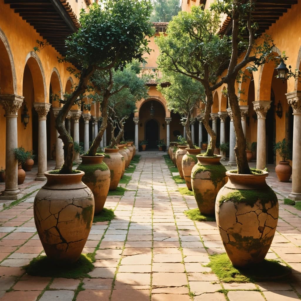 Create an enchanting photographic image of a sprawling Spanish royal hacienda, basked in the golden hour's radiant glow. Capture this majestic scene from a bird's eye view, emphasizing the symmetrical composition of terracotta-colored colonnades surrounding the sun-soaked inner courtyard. The oversized, antique terracotta jars, cracked and veiled with moss, guard the space, their ancient surfaces telling tales of empires past. Each jar cradles an olive tree, their leaves caressed by silk scarves fluttering in the gentle breeze. Focus on the textures, especially the moss-covered jars, through selective focus, making them the heroes of our story. Incorporate vibrant terracotta accents and traditional Spanish patterns to infuse the scene with cultural depth. Let the sun flares dance through the archways, casting dynamic shadows and illuminating the reflective surfaces of the tiled fountains. Include a silhouetted figure by the fountain to add a human element, their presence small yet poignant against the grandeur of the hacienda. Aim for a cinematic composition, with 8k resolution, highly detailed textures, and a depth of field that weaves a tale of Mediterranean splendor and Castilian nostalgia. Capture the subtle storytelling through details like close-up of weathered engravings and the abstract beauty of reflections in water puddles, all under a canopy of sunlit raindrops on terracotta jars.