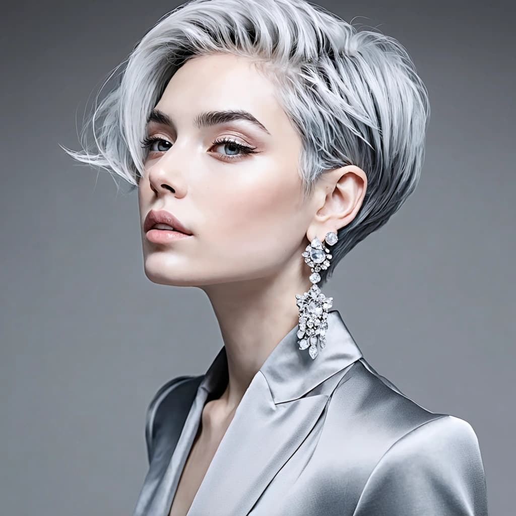 Craft a photographic masterpiece that captures the essence of a hyperrealistic portrait. The main subject, exuding an ethereal presence with ash grey hair styled into a sleek bob cut and textured ends, perfectly embodies the monochromatic ash grey palette of the scene. They are adorned in a matte ash grey outfit, with every fabric texture crisply detailed, paired with statement big chunky drop earrings that introduce a sophisticated flair. Their pose, contrapposto, radiates grace and balance against the captivating backdrop of an ice cave. The lighting, a gentle Rembrandt, bathes the scene in a soft glow, subtly highlighting the model's confident, assured expressions and the soft pink glow on their face, looking directly forward. The composition is fine-tuned with a shallow depth of field, focusing sharply on the model while softly blurring the icy background, filled with randomly sized ice cubes or cuboids, to enrich depth. High-contrast editing vivifies the image, with skin texture retouching delicately softening the model's features against the stark, cold backdrop. This scene, rendered in 8K resolution, is not just a photograph; it's a suspended moment where ice meets elegance in a monochromatic symphony, capturing every nuanced detail.