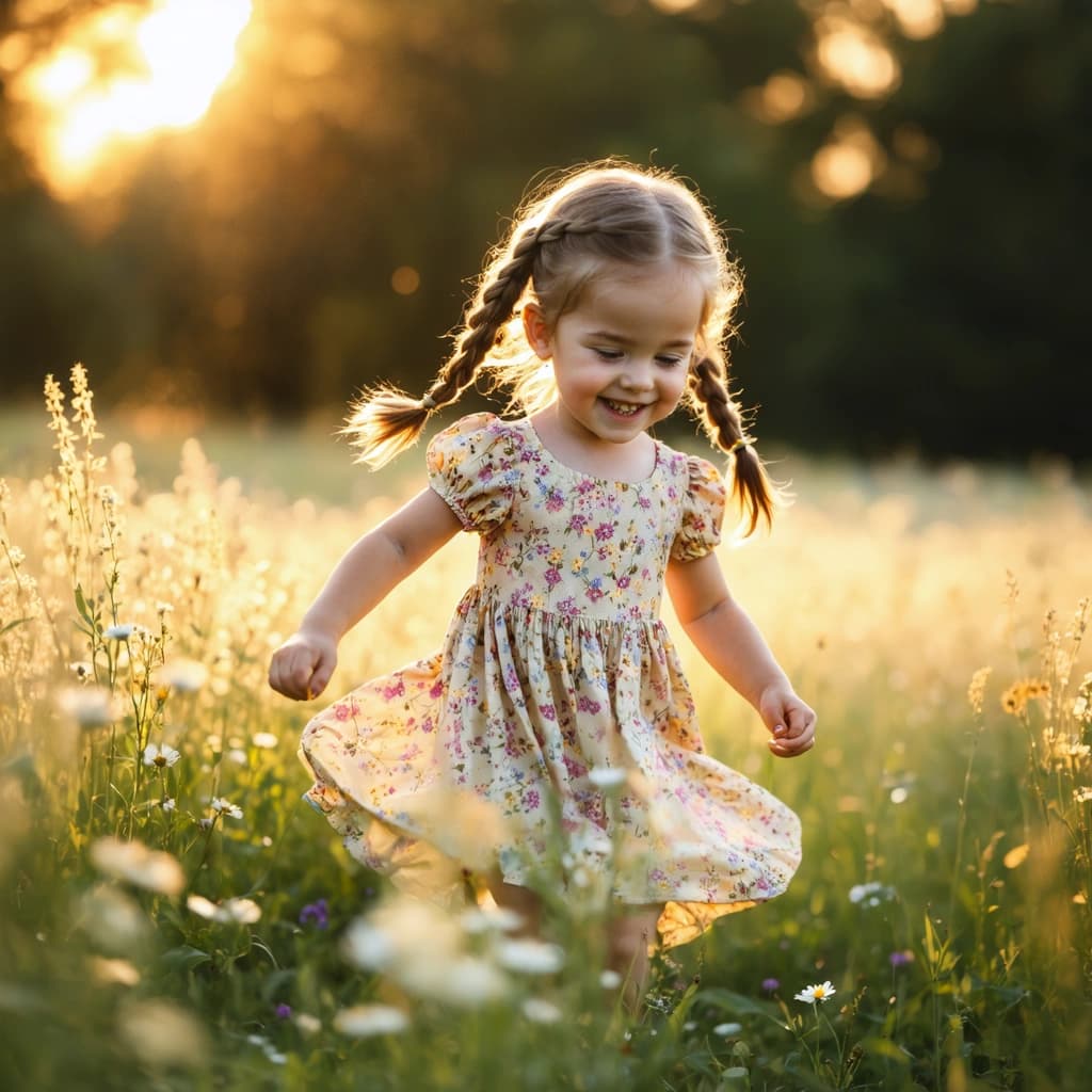 Create a photorealistic image capturing a small girl, around 5 years old, playing with unbridled joy in a sunlit open field. She is adorned in a floral dress, her long hair braided intricately, dancing in the breeze alongside the tall, swaying grass and sporadic wildflowers that surround her. The golden hour casts a soft backlight, illuminating her bright, expressive eyes and a big, genuine smile that lights up her face. The image should be taken from a low angle perspective, mimicking the effect of an 85mm lens, focusing selectively on the girl's face to emphasize her bright eyes and joyful expression. The depth of field should be shallow, with cinematic tones painting the scene, subtly desaturated yet warmed by inviting highlights. Details like the enhanced texture and shine of her hair, alongside subtle skin smoothing and texture enhancement, should be vividly captured, embodying a moment of pure, innocent joy under the enchanting glow of the setting sun.