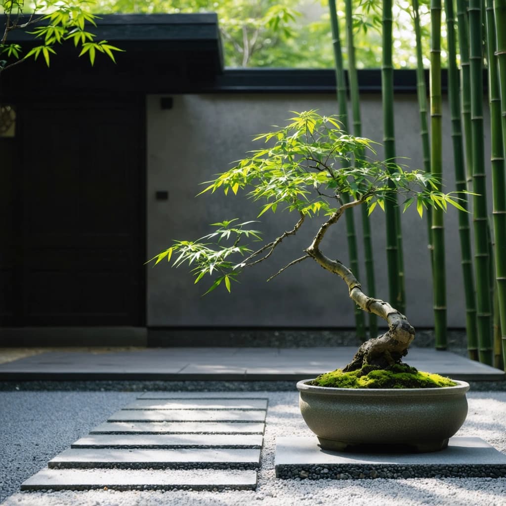 Craft a photographic image capturing the essence of a tranquil Japanese Zen courtyard. The scene is bathed in soft natural light filtering through bamboo leaves, casting gentle shadows. From a low-angle perspective, the focus is sharply on a meticulously cared-for bonsai tree, positioned in the foreground in an artisanal clay pot on a minimalist granite plinth. The composition uses a shallow depth of field to blur the background, where subtle cherry blossoms and a bamboo fence frame the scene. A macro shot emphasizes the texture of the moss-covered stone path, enhancing the contrast with the smooth bonsai. The color palette is rich in natural earth tones, with vibrant pops of green from the bonsai leaves, and captures the reflection of these elements in a still pond. This image embodies a moment of harmony, as seen through a bird's eye view, emphasizing the serene atmosphere and the artisanal beauty of the courtyard.