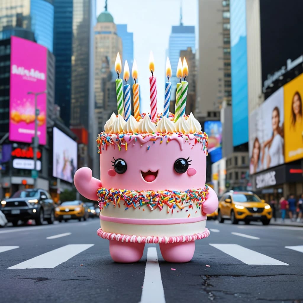 Envision a concept art piece that bursts with whimsy and surrealism, set against a futuristic cityscape. At the heart of this vibrant scene is an anthropomorphic birthday cake, exuding confidence as it strolls along a bustling city road. This cake isn't just any dessert; it's a character brought to life with big, expressive eyes, a cute button nose, and bold red lips curved into a mischievous smile. Its body is frosted in pastel pink, adorned with rainbow sprinkles and topped with lit candles that mimic a funky, playful hairstyle. With one hand casually waving to the viewer and the other clutching a tiny, stylish handbag, this cake personifies comical glamour. The towering skyscrapers in the background, aglow with neon lights, enhance the futuristic vibe, while the bright blue sky adds a contrast that makes the colors pop. Dynamic sunset lighting bathes the scene, highlighting the cake's whimsical features and the city's sleek architecture. Tiny details like a surprised onlooker and talking animals add layers of depth and interaction, creating a playful, engaging atmosphere. The composition balances exaggerated proportions and surreal elements with cinematic flair, incorporating blurry motion effects to suggest movement and a lively, atmospheric mood. The overall effect is a playful, surreal tableau that captures the imagination and invites the viewer into a whimsical, futuristic world.