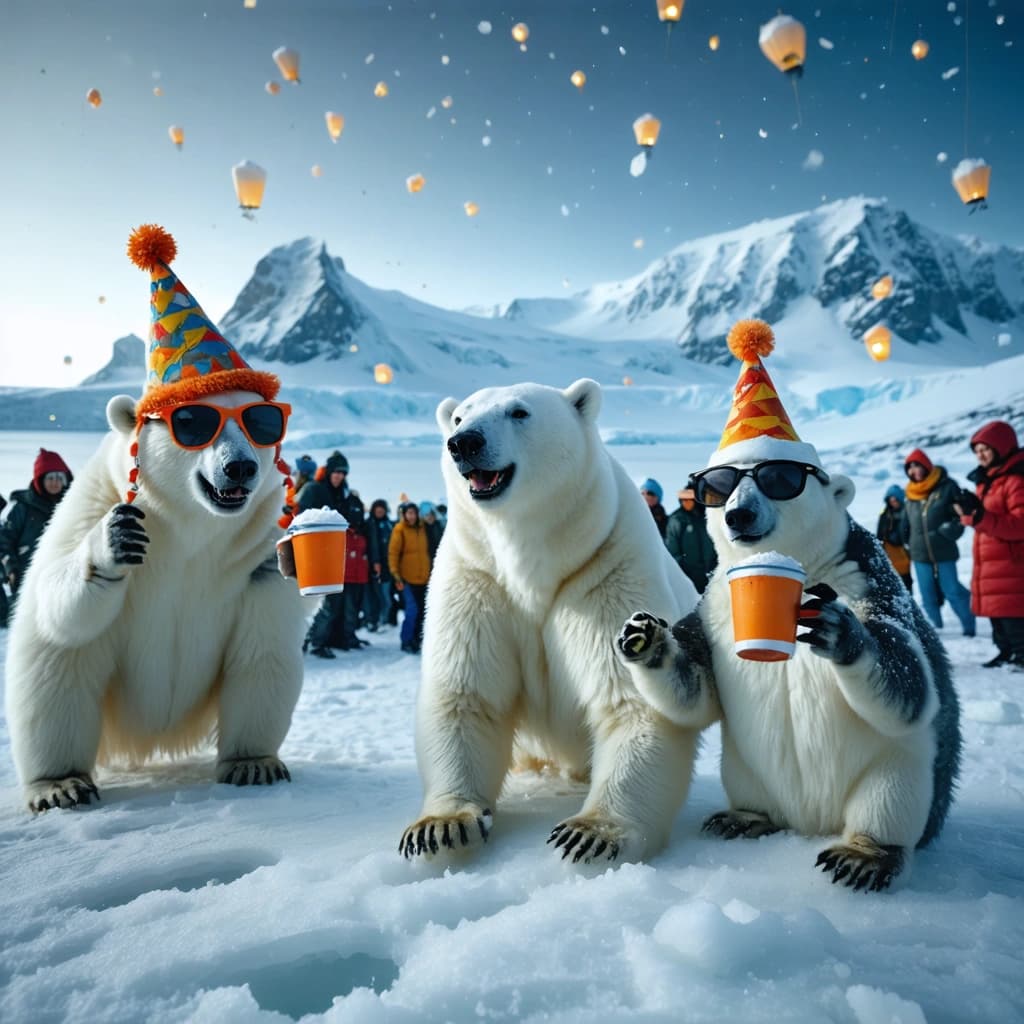 In the snowy Antarctic, Eskimos in colorful winter attire celebrate New Year alongside polar bears wearing party hats and sunglasses, dancing and toasting with mugs of hot cocoa. Nearby, playful kiwis waddle across the ice, curiously pecking at tiny glowing lanterns. People gather on a sunlit icy beach, some building ice-sandcastles, others sliding on ice, while soft fireworks bloom in pastel colors over the horizon. Unexpectedly, a group of penguins form a conga line carrying party banners, and a whale’s tail splashes gently in the distance, sending sparkling droplets into the air that glow like tiny stars. Warm lanterns float above the snowy dunes, casting a magical glow over the joyful scene. Surreal, whimsical, amusing yet hopeful, highly detailed, cinematic lighting, playful global New Year celebration in Antarctic wonderland.