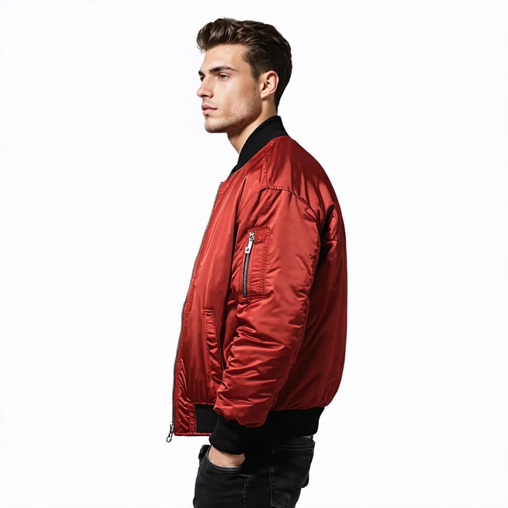 Create an ultra-realistic lifestyle image of a male model wearing the exact same red bomber jacket described below, ensuring identical design, color, materials, and details:
Jacket specifications (must match exactly):
Color: rich deep red (#C1121F), satin-matte finish.
Material: mid-weight polyester blend with light padding, smooth surface, subtle soft reflections.
Collar: black ribbed knit bomber collar with fine vertical rib texture.
Cuffs & Hem: black ribbed knit, tight texture, identical to collar ribbing.
Zipper: metallic silver zipper with chunky matte teeth and a rectangular pull tab.
Pockets: two welt pockets with horizontal black piping on openings.
Silhouette: lightly padded bomber fit, structured shoulders, natural puff, clean lines.
Stitching: double-stitch seams identical to packshot image.
Model & Setting:
Male model, mid-20s to early-30s, clean grooming, casual neutral expression.
Pose: relaxed, standing, hands by sides or one hand in pocket, facing camera naturally.
Lighting: soft studio lighting or outdoor diffused daylight, evenly illuminating the jacket to show texture.
Background: simple minimalistic background (light grey, urban street blur, or clean studio) that does not compete with the product.
Camera: vertical format, chest-up or full-body shot, high sharpness, shallow depth of field highlighting the jacket.
Ensure the jacket’s color, silhouette, collar, cuffs, zipper, and pocket details perfectly match the standalone product image.”