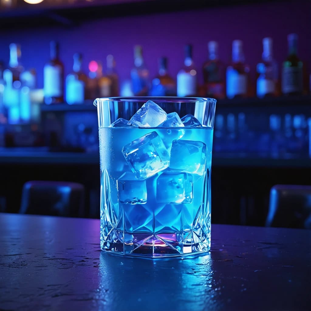 Craft a highly detailed 8k resolution, photographic image capturing a cinematic, nocturnal ambiance within a dark bar setting. The main subject, a highball glass filled with crushed ice, exudes an air of refined elegance. It's surrounded by moody blue-purple reflections, adding a monochromatic tone that enhances the scene's mystery. Subtle backlighting accentuates the glass's silhouette and the texture of condensation droplets, creating a soft edge lighting effect. Shoot from a low angle perspective to emphasize the glass's stature, with a shallow depth of field blurring the background to draw focus to the macro close-up details, especially the play of light on the crushed ice and condensation. Incorporate mirror reflections to add depth, alongside a hint of smoke or mist for a dynamic composition. Frame the shot with ample negative space to allow each element to breathe, using selective color adjustments to heighten the mood. Introduce a vintage prop nearby to weave in a narrative element, ensuring every detail from the texture to the lighting contributes to a refined, nocturnal mood.