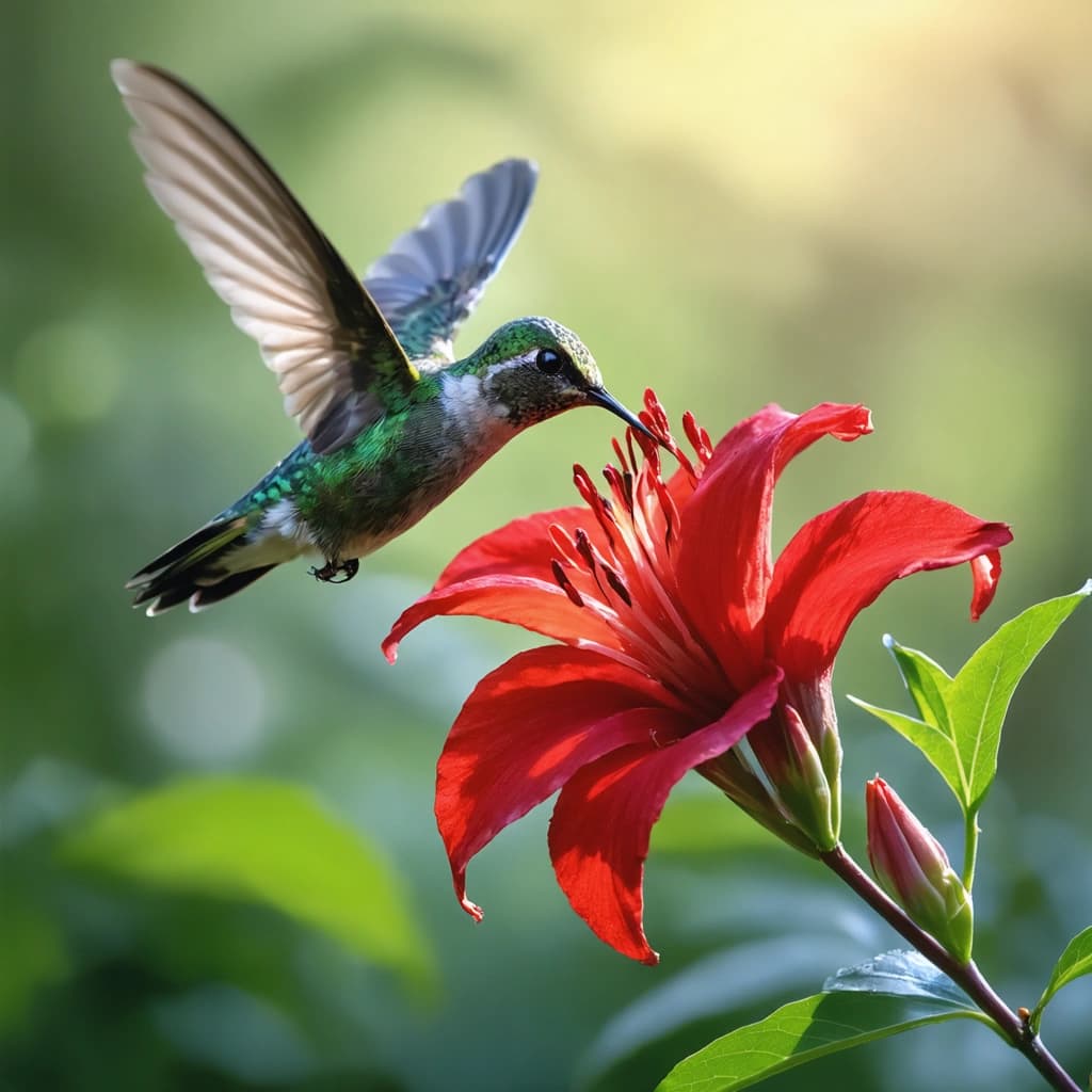 Create a photorealistic image capturing a mesmerizing moment of nature's ballet: a hummingbird frozen in mid-flight, its wings a blur of precision, as it tenderly sips nectar from a vibrant red flower. Employ soft, diffused lighting to gently illuminate this scene, avoiding any harsh shadows that might detract from the delicate interplay of light and color. Utilize a macro lens's wide aperture to achieve a shallow depth of field, ensuring the hummingbird and flower stand sharply against a softly blurred natural background. Enhance the red tones of the flower, making it a vivid focal point that draws the eye. Position the hummingbird off-center to create a dynamic composition, adhering to the rule of thirds, and capture the fine details of its feathers and the flower's petals in high resolution, showcasing the texture and scale with immaculate clarity. The hummingbird's gaze and the precise moment its beak touches the nectar should convey a story of intent, focus, and connection. Fine-tune the image with post-processing to adjust levels and curves for optimal brightness and contrast, encapsulating the scene's inherent beauty and emotion in a frame that feels both intimate and grand.
