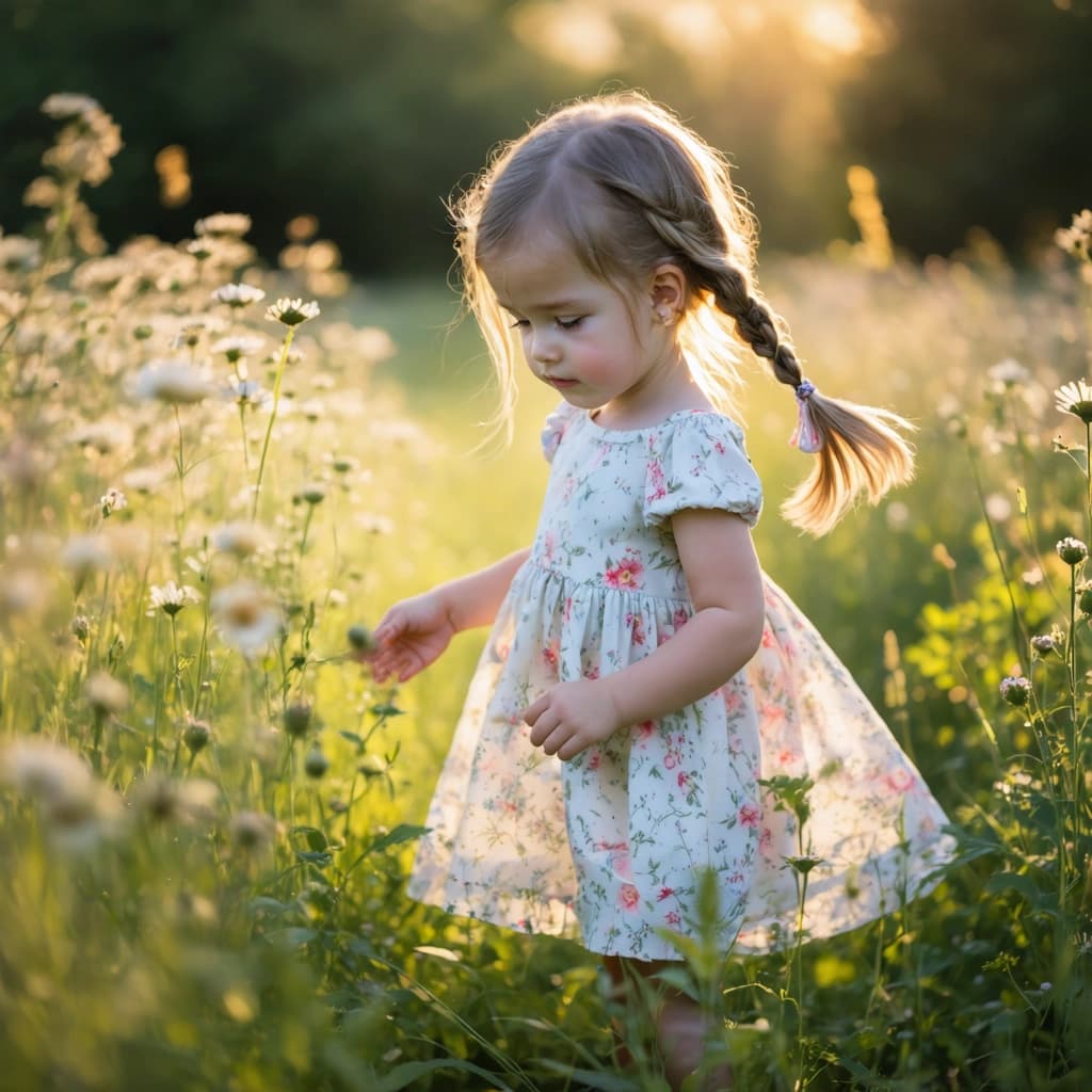Craft a photorealistic image capturing a moment of quiet, tender emotion. A small girl, around 5 years old, with slightly teary eyes and a wistful, pensive expression, plays in a breezy field. She wears a delicate floral dress, her long hair intricately braided, walking through tall, swaying grass and scattered wildflowers under the enchanting glow of the setting sun. The golden hour softly backlights her, illuminating her bright, expressive, slightly watery eyes and gently warm-toned face. Capture the scene from a low angle using an 85mm lens perspective for a cinematic composition, with shallow depth of field that draws focus to her subtle facial expression. Enhance the texture and shine of her hair, with natural skin tones and a touch of softness. Render in 8K resolution with sharp focus, realistic textures, and natural golden lighting.