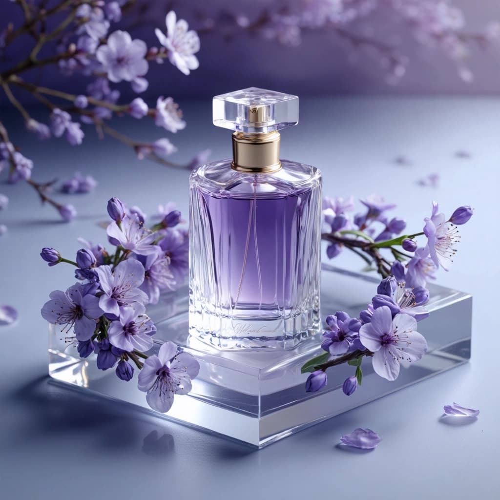 Embark on the creation of an opulent lavender perfume bottle, elegantly positioned on a square glass base of the same soothing lavender hue. This centrepiece is tenderly encircled by a wreath of delicate flowers, resembling the ethereal beauty of purple cherry blossoms. The backdrop is a gentle blur of pastel lavender shades, skillfully merging with the subjects to create a harmonious, monochromatic canvas. The scene is intimately lit with soft, diffused studio lighting that brings the scene to life by casting elegant reflections off the glass and unveiling gentle highlights that illuminate the intricate details. The setting oozes a dreamy, feminine and tranquil aura — a masterpiece of cinematic product photography. Render this tranquil scenario in ultra-realistic 8K, taking care to maintain a shallow depth of field that amplifies the product's details while gently fading the surrounding elements. Arrange the components in a symmetrical composition to highlight balance and harmony.