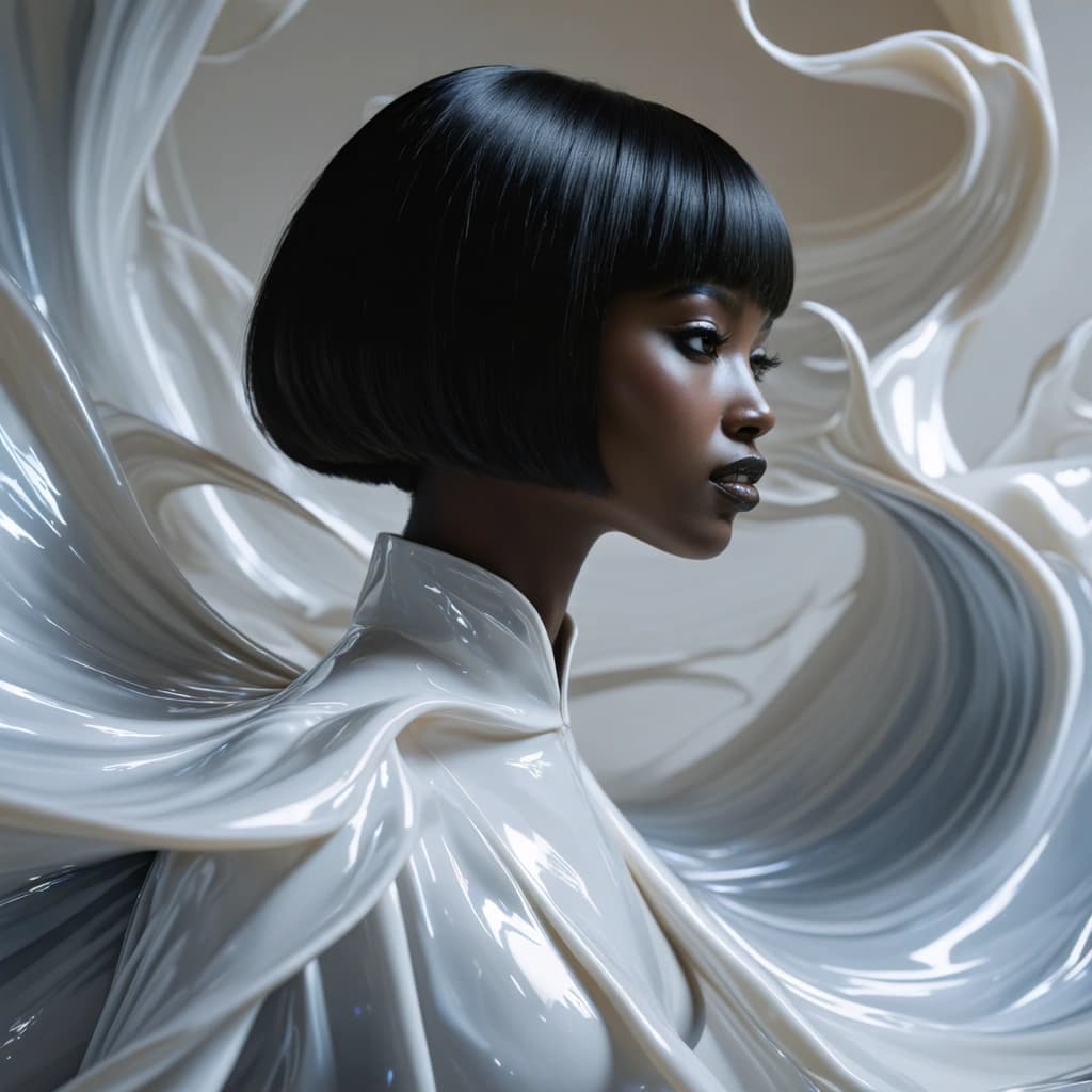 Refine this prompt: "Craft an ultra-high-resolution image, an 8k masterpiece, with a cinematic composition of an elegant, towering fashion model. Her complexion is of rich, dark ebony, and her sleek hair, a stark contrast, shines in the glossy blackness of a stylized bob adorned with front bangs. Encased in a fluid silver-grey dress, it glimmers and waves around her like molten liquid, mirroring the texture and delicacy of metallic foil. Her outfit is consummately paired with shimmering silver boots. Caught in mid-fall, her body is showcased in a dynamic pose, with knees delicately bent and dress billowing dramatically, embodying the ethereal allure of a star cascading from the cosmos. Visualize this scene from an aerial perspective, brushed with a monochromatic mix of silver and black, enhancing the uniqueness of the viewpoint. Illuminate her form with a soft, scattered light, saturating the scene with tranquility and quiet introspection. The focus should be razor-sharp upon her, with the starry backdrop unfocused and gently blurred, presenting a stark contrast between the smoothly blended sky and her finely textured form. The editing style should be airy and dreamlike, subtly emphasizing the narrative element of the falling star symbolism. The final photograph should exude professional quality, displaying a meticulous attention to detail, naturalistic lighting, and a realistic portrayal of textures."