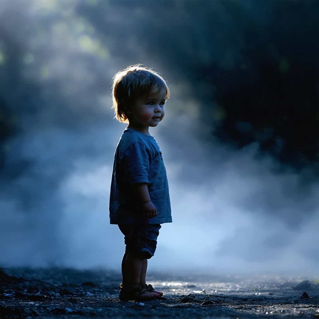 Create a piece of concept art capturing a realistic toddler standing alone as dusk settles in, embodying an innocent yet slightly unsettling mood. The child's gentle smile illuminates their face, backed by a soft backlight that casts long, dramatic shadows across the scene. A subtle fog enhances the mystery, enveloping the space with a mysterious atmosphere. The toddler's eyes catch the fading light, reflective and deep, adding a touch of otherworldliness. Employ a cinematic framing with a shallow depth of field to isolate the toddler, emphasizing their vulnerability amidst the encroaching darkness. The composition should be dynamic, utilizing asymmetrical balance to craft a visual narrative that's rich in symbolism and emotion. Focus on ultra-realistic textures, especially the detailed skin texture of the toddler, ensuring that every element contributes to the dark fairytale tone. The color palette should be deep and rich, with dark blues and purples dominating, while the contrast between light and dark areas is intensified to enhance the dramatic effect. Reflections on surfaces should amplify the scene's eerie beauty, creating a composition that's both haunting and captivating.