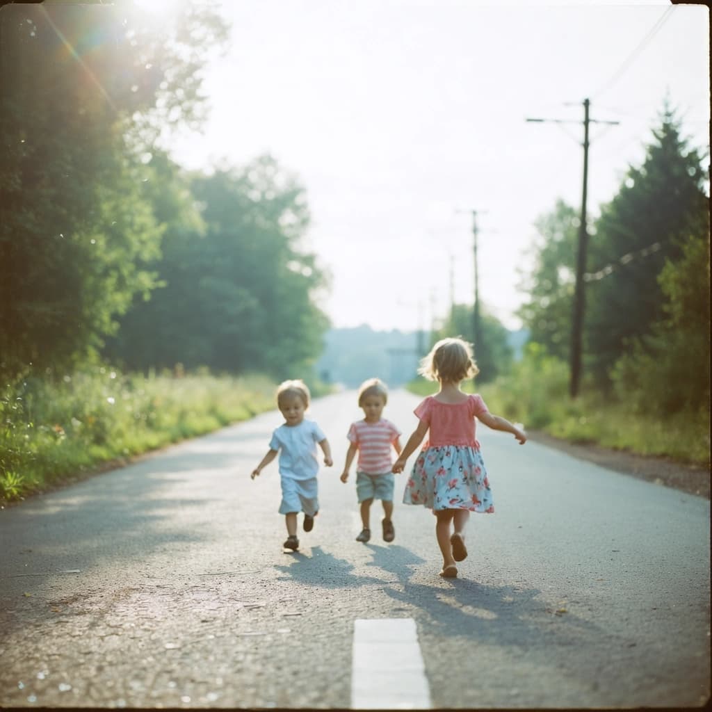 Craft a photographic image that encapsulates the joyous, unguarded moments of children at play on a serene, quiet road. The scene is bathed in diffused daylight, casting soft shadows that blend seamlessly into the environment, enhancing the natural, warm skin tones of the children. Imagine this through the lens of a 35mm film camera, with a fine film grain adding texture to the image, and a shallow depth of field focusing our gaze on the authentic emotions displayed. The colors are muted, reminiscent of a technicolor palette, carefully graded to evoke a sense of nostalgia. Capture this moment with the analog realism and hyperrealistic detail of a high-resolution, 8k capture, ensuring the textures and subtle motion blur - a product of a skilled panning technique - are portrayed with precision. The mood is light, the children's engagement genuine, framed with a wide aperture to softly blur the background, inviting the viewer into this candid snapshot of childhood.