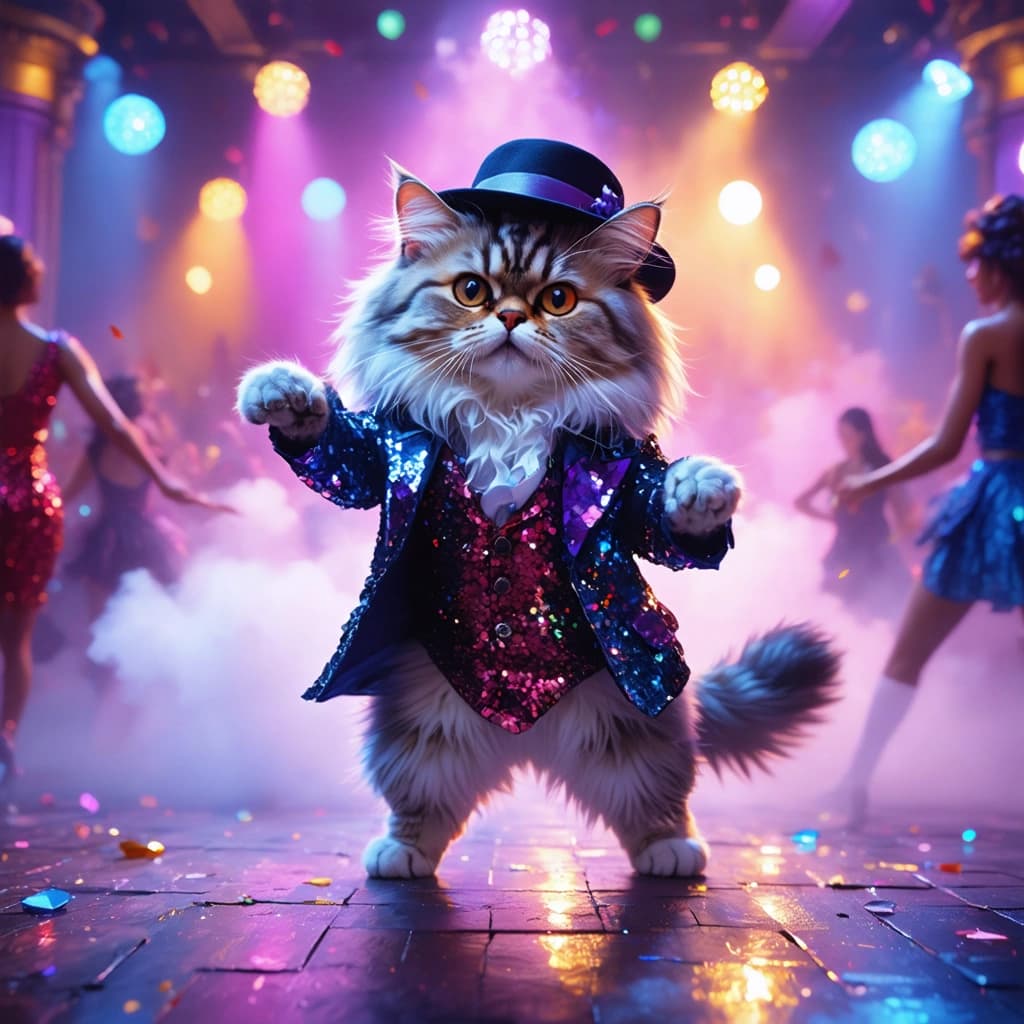 Envision a game asset that captures a charismatic fluffy Persian cat with a smug expression, exuding confidence and charm. This cat stands on visible  two legs in a dynamic mid-dance pose, its body adorned with a sequined jacket that glistens with detailed textures of sequins and velvet, under a stylishly tilted fedora. It's all happening on a reflective dance floor that shimmers with the glow of neon lights, enhancing the color saturation for a vivid visual feast. The surrounding atmosphere is thick with layered smoke textures, adding depth and mystery. Creative lighting techniques, like color gradient lighting, spotlight the cat and accentuate its features and the sequin texture on its jacket. The scene is set against a backdrop of cityscape silhouettes, adding an urban vibe. Particle effects sprinkle around, simulating the lively ambiance of a dance floor. The composition leans on asymmetrical balance, making the scene dynamic and engaging. The entire asset should be game-ready, detailed, and optimized, with a focus on style, theme, and consistent artistry.