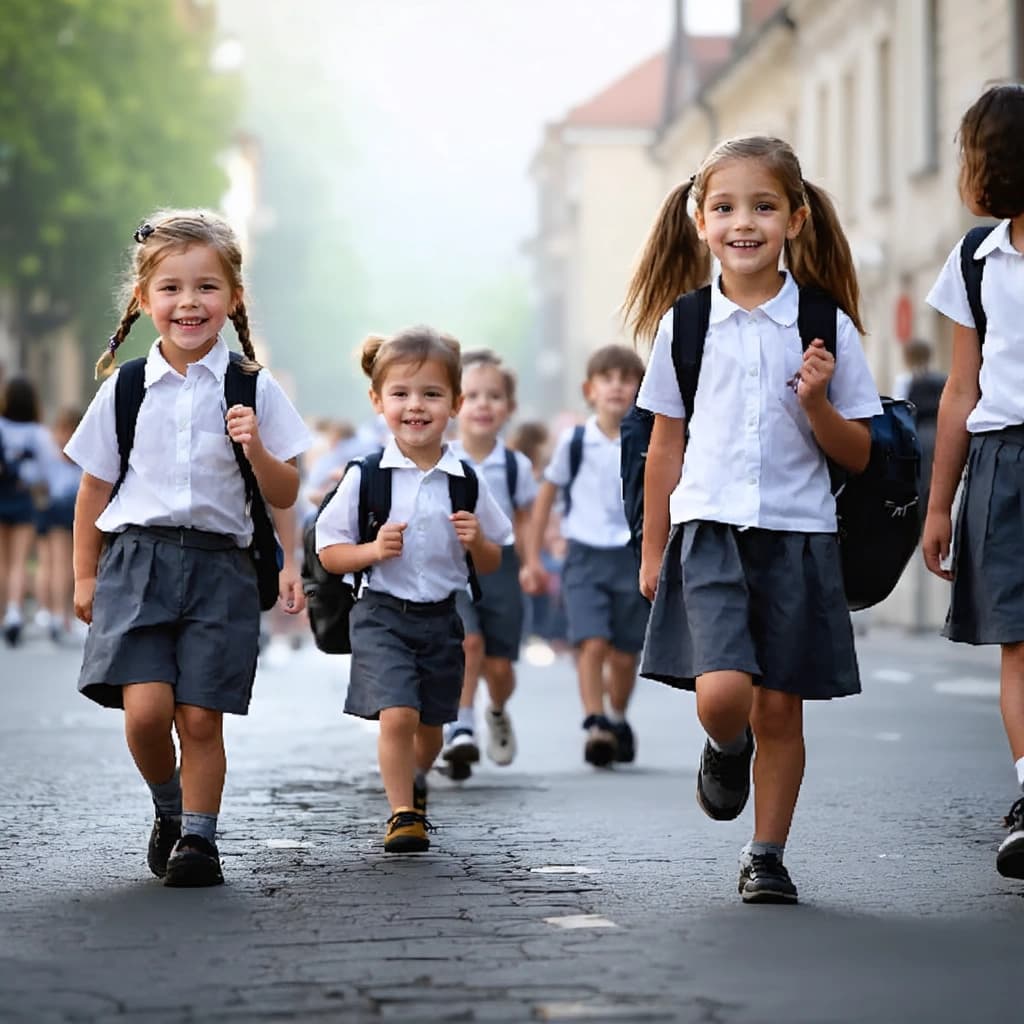 Create a hyperrealistic photograph capturing the candid essence of school-going children on a quiet street, bathed in the soft, diffused daylight of early morning. The scene is lively with natural expressions - smiles exchanged, whispers of chatter, and eyes lit with curiosity. Their motion is captured with a subtle blur, suggesting their playful pace. The children are adorned in slightly worn uniforms and shoes, their backpacks a focal point, brought to life through a shallow depth of field. The environment whispers its own stories through authentic details like street cracks, fallen leaves, and aged signage, all wrapped in muted technicolor tones that speak of an analog era. The composition adheres to the rule of thirds, enhancing the photograph's natural feel. A fine film grain textures the image, echoing the authenticity of a 35mm film. The lighting, soft and backlit, casts subtle shadows and highlights the children’s realistic skin tones, fine-tuned with a careful adjustment of white balance to enhance the analog realism and depth of the image.