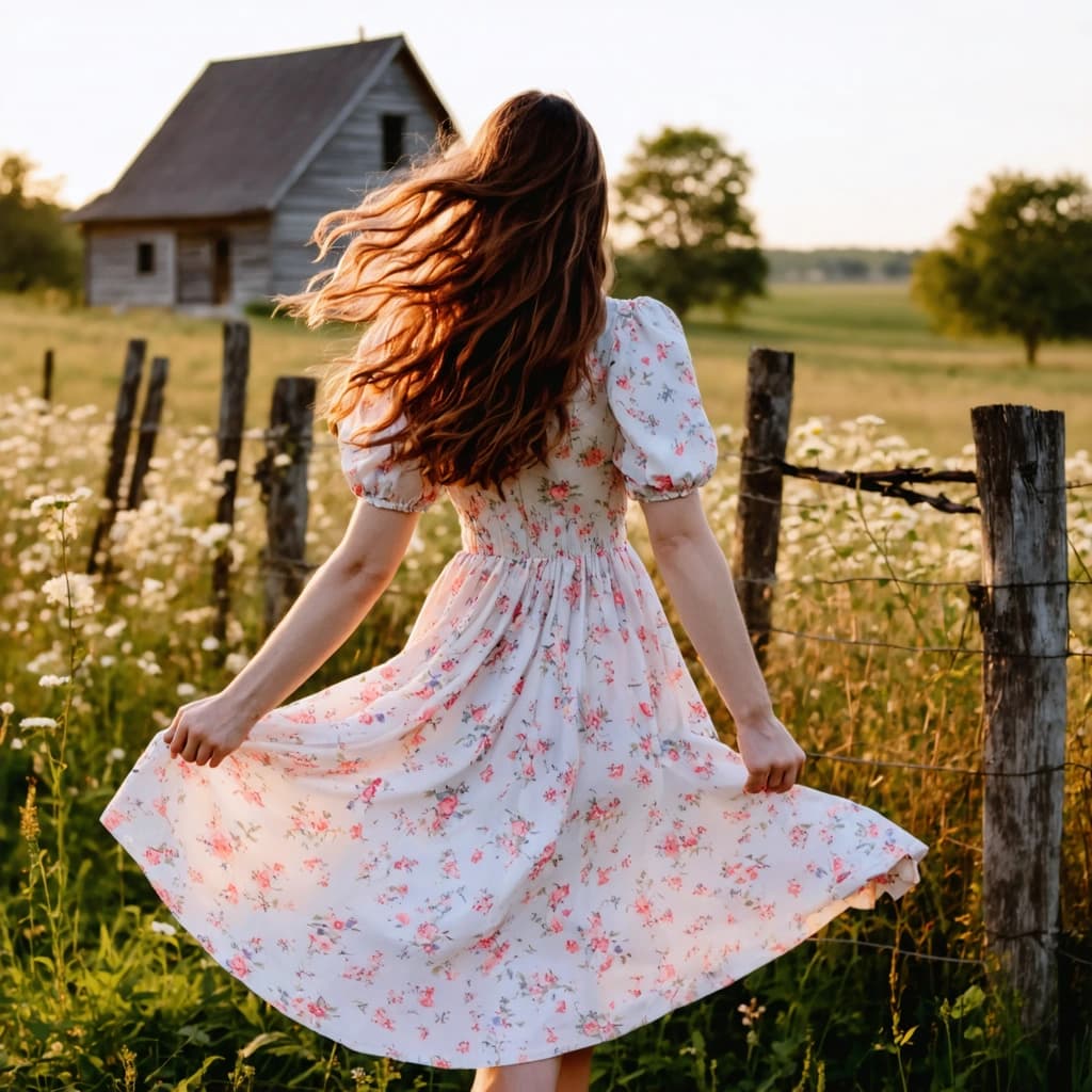 Young woman twirling in a floral puff-sleeve cottage dress near a rustic wooden fence in the countryside, long wavy brown hair flowing, surrounded by wildflowers, soft breeze, golden hour lighting, pastel tones, editorial fashion shoot, film grain, dreamy moodboard style, countryside elegance