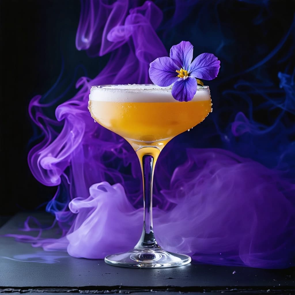 Craft an ultra-realistic, 8K resolution cinematic photograph of a martini glass filled with a vibrant yellow and purple layered cocktail, garnished with a delicate purple flower on the rim. Set the scene in a dark, moody bar environment with nocturnal ambiance. Subtle blue and purple reflections play across the glass and surface, adding depth and a mysterious, monochromatic undertone. Use soft backlighting to accentuate the glass’s silhouette and the texture of condensation droplets, highlighting the liquid’s shimmer. Include mirror reflections to enhance spatial depth, and a hint of smoke or mist for a dynamic composition. Frame the shot from a low-angle perspective, emphasizing the martini glass’s elegance, with a shallow depth of field blurring the background while keeping the drink sharply in focus. Incorporate vintage props nearby (e.g., coasters or bar tools) to weave in narrative elements. Ensure ample negative space to allow all details to breathe, with selective color grading to emphasize the nocturnal, cinematic mood. Capture the macro details of the drink, glass, flower, and condensation for maximum photorealistic effect.