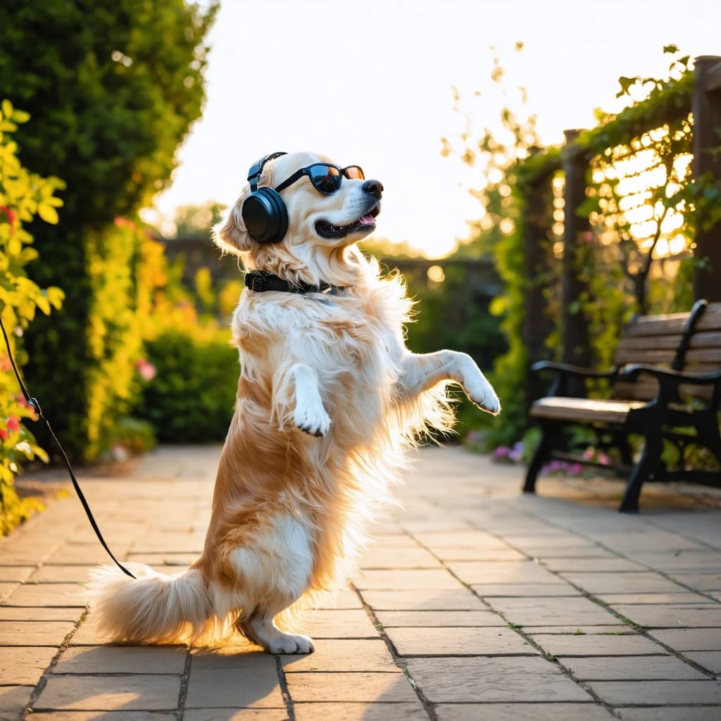 Create a vibrant, high-resolution 8k photograph capturing a whimsical moment of a large golden retriever standing upright on its hind legs, poised as if about to dance, in a serene garden setting. The dog, exuding confidence and playfulness, wears stylish black sunglasses reflecting the serene sky, over-ear headphones, and is tethered by a simple leash. Its fur gleams under the soft, golden hour sunlight, enhancing the warm earth tones of the scene. The composition adheres to the rule of thirds, with the dog positioned to the left, making eye contact with the viewer, adding a personal connection. A shallow depth of field focuses sharply on the dog's face, with its one paw lifted slightly to the side, introducing a sense of motion through a subtle blur. The background, a blend of trimmed grass, vibrant flowers, and a wooden fence, is softly focused, allowing the textures of the dog's fur and accessories to stand out vividly. An unexpected detail—a butterfly alighting on the edge of the frame—adds a narrative element, enriching the story of this unique moment.