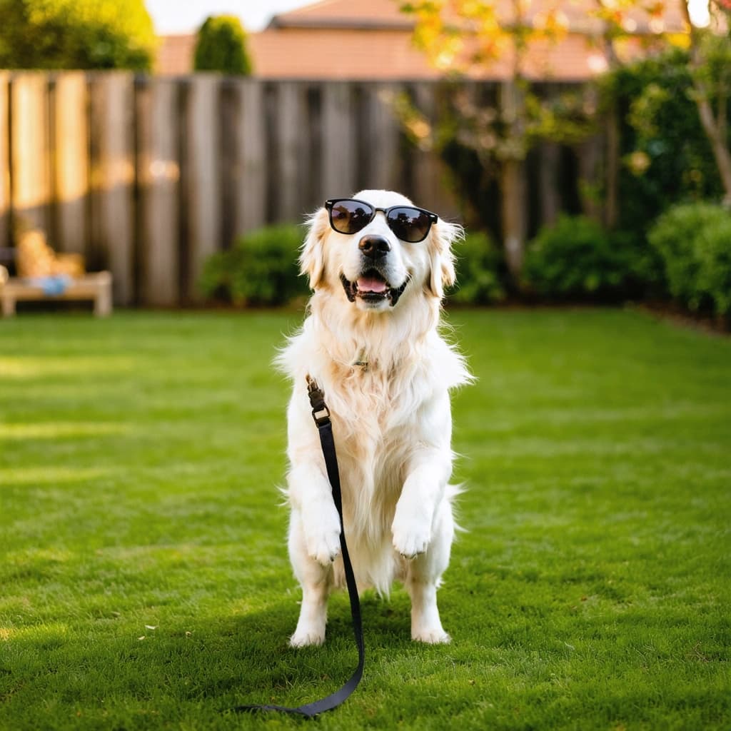 Create a high-resolution, 8k photographic image capturing a playful yet calm golden retriever standing upright on two legs in the middle of a lush green garden lawn. The dog, adorned with black sunglasses and a simple leash, should be the sole focus, embodying a dynamic but ready-to-move pose. Illuminate the scene with soft, warm, golden hour lighting that enhances the natural color palette, casting a long shadow from the sunglasses to create depth. The dog's fur detail is enhanced for realism, with brightened eyes reflecting its playful spirit. The background, a detailed garden with a wooden fence, bushes, flowers, and a hint of a hidden paw print in the soil, is rendered in soft focus, adding depth and emphasizing the dog in sharp relief. Subtle dust particles caught in the sunlight and a slight wind effect suggest movement. Apply the rule of thirds for a balanced composition, ensuring the image feels warm, inviting, and filled with emotion, while maintaining clarity and focus on the dog.
