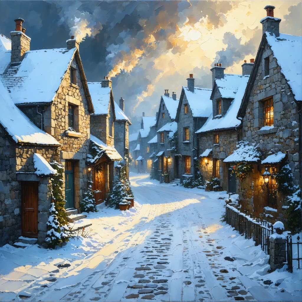 Textured oil painting of a European snow-covered lane, stone houses with smoke curling from chimneys, snow-laden rooftops, warm light from windows, footprints in cobblestone, rich impasto texture, tactile oil canvas illustration