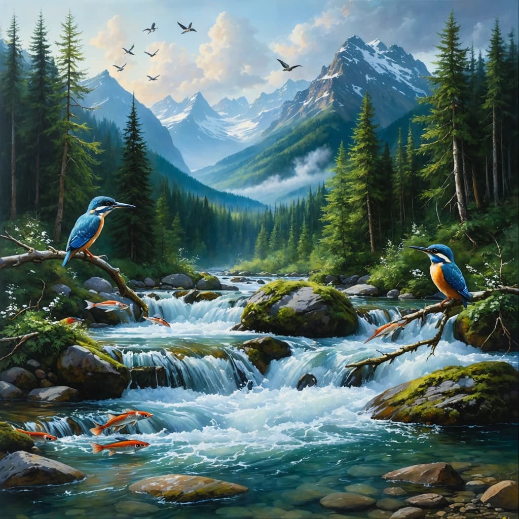 A hyper-realistic painting of a tranquil mountain stream flowing through a lush forest, crystal-clear water revealing colorful fish beneath the surface, smooth river stones visible, delicate ripples forming around them. Snow-capped peaks in the background under a soft morning sky. A pair of kingfishers perched on a mossy branch, wings slightly open. Distant birds in flight across the horizon. Mist rises gently from the cool water, sunlight filtering through tall trees, creating warm highlights and deep shadows. The entire composition mimics the depth and realism of a high-resolution photograph, but fine oil brushstrokes and subtle canvas texture reveal it's a painting — visible only on close inspection. Cinematic lighting, rich natural tones, peaceful atmosphere.