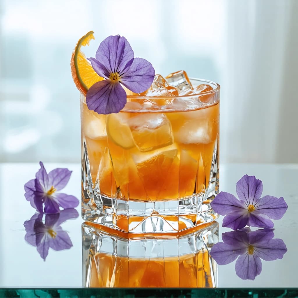 "Produce a strikingly lifelike 8K photograph of a sophisticated rocks glass, brimming with a luminescent, sun-kissed orange cocktail. Embellish it with a delicate curl of citrus peel or an ethereal edible flower bobbing gently on the surface. Centrally position the glass on a mirror-like bar surface that reflects hushed hues of amethyst and glowing amber. Capture the image from an aerial perspective, showcasing the intricate texture of frosty ice cubes, the delicate dew of condensation, and the playful dance of lights across the liquid's rippled surface. Incorporate a background rich with soft, dreamy bokeh lights and a hint of ethereal smoke or mist to heighten the air of mystery. Thoughtfully include a few minimalistic vintage props, like a dainty coaster or a folded linen napkin, just touching the frame of the image. Emphasize the warm, inviting tones of the scene with a thoughtful application of selective color grading, creating a romantic, nocturnal mood-scape."