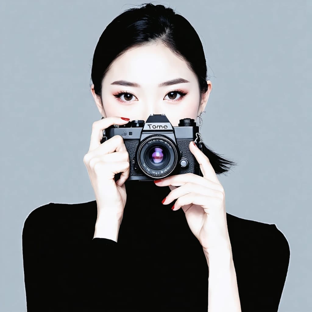 "A high-fashion studio portrait of a confident Asian woman with pale skin, wearing a sleek black turtleneck. She is holding a black vintage film camera beside her face with one hand, while the other hand gently touches her lips. Her face is clearly visible, with sharp focus on expressive eyes, soft smokey makeup, and bold red lips. The background is light gray, minimalistic. Her dark hair is tied back loosely with a few strands framing her face. Elegant, artistic, and clean composition. Soft studio lighting with high contrast. Captured in the style of Jingna Zhang, fine art editorial photography."
📸 Optional Parameters for Better Output:

Style tags: photorealistic, ultra-detailed, editorial fashion, soft lighting
Negative prompt: blurry face, distorted hands, low quality, cropped face, extra limbs
