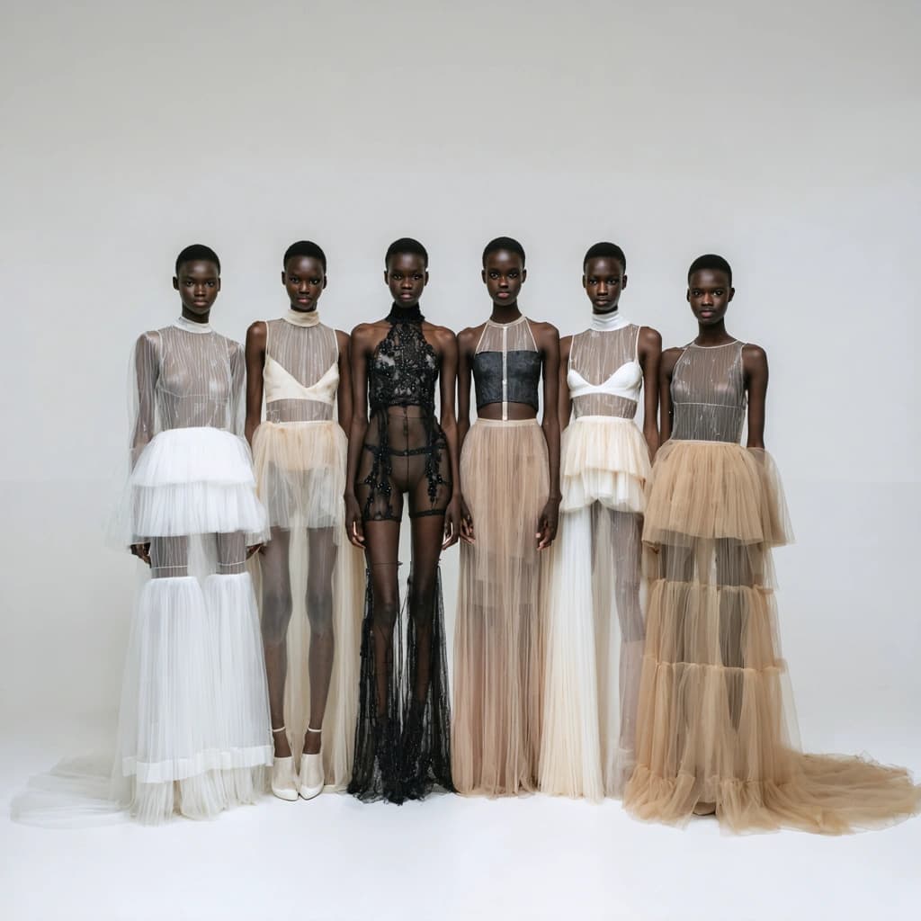 Wide-angle high-fashion editorial group portrait featuring eight avant-garde runway models standing in a precise linear formation, evenly spaced, facing the camera with calm, powerful expressions. Each model wears a unique couture garment crafted from layered sheer tulle, fine mesh, embroidered organza, raw silk, and translucent fabrics, featuring sculptural silhouettes, asymmetric hems, hand-stitched textures, flowing panels, and delicate fringe elements that extend toward the floor.
Color palette of the garments includes ivory, sand, muted blush, charcoal black, warm taupe, and soft ash tones, with subtle tonal variation between each look. Footwear consists of minimalist lace-up sandals and sheer stockings, enhancing the ethereal runway aesthetic. Hair is styled in sleek, tightly pulled-back updos with subtle editorial headpieces; makeup is clean and minimal with natural skin tones, matte finish, and soft contouring.
The background features a large hand-painted surreal mural spanning the entire width of the frame, depicting symbolic mythological creatures, abstract animals, celestial suns, moons, stars, birds, plants, and flowing organic shapes. The mural uses vibrant yet balanced hues of deep blue, teal, mustard yellow, coral, soft red, and earthy green, painted in a naïve folk-art style that contrasts with the refined couture fashion.
Scene is set in a gallery-like interior space with light wooden flooring, high walls, and museum presentation aesthetics. Lighting is soft, diffused studio light with even illumination across all subjects, gentle shadows beneath garments, accurate fabric texture visibility, and no harsh contrast.
Shot in luxury fashion campaign style, ultra-sharp focus, high dynamic range, editorial photography quality, cinematic clarity, refined composition, symmetrical balance, contemporary couture runway atmosphere, Paris Fashion Week editorial mood, artistic elegance, 8K detail, premium fashion magazine aesthetic

“inspired by haute couture runway finales”
“museum exhibition meets fashion presentation”
