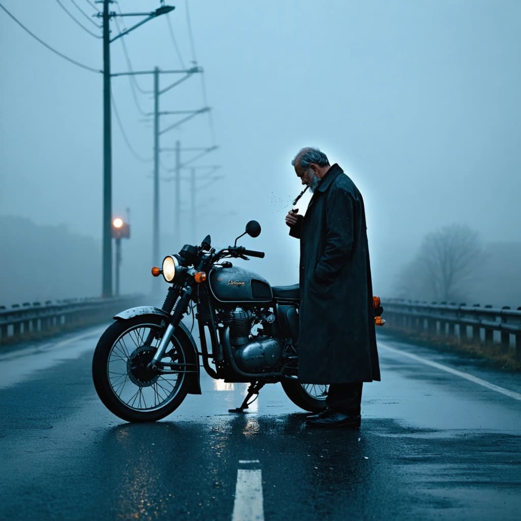 Craft a photographic image that encapsulates solitude, showcasing a classic bike in front view, stationed on an infinite highway. The scene is bathed in the soft, indirect glow of twilight, enriching the composition with deep shadows and emphasizing the bike's silhouette against a backdrop of subtle fog. The bike, an icon of eras past, bears a charcoal body with a satin finish, adorned with signs of gentle decay and dew droplets that scatter across its surface, mirroring the twilight and adding rich texture. Adjacent to the bike, a mysterious man, cloaked in a coat and clutching a cigar, stands, his gaze intensifying the scene's intrigue. Employ the rule of thirds to captivate the viewer's attention, with a focus on desaturated charcoal tones and a shallow depth of field to keep the bike in sharp focus against a softly blurred background. Reflective surfaces should gleam with the twilight's caress, and a vintage film grain overlay will instill the scene with a timeless ambiance. This 8k resolution image should harmonize motion and stillness, drawing the viewer into a detailed, atmospheric moment. Highlight key details such as high-resolution dew droplets, a vintage sepia tone, and scattered vintage objects to add depth, while the man's enigmatic expression and mysterious symbols on the bike beckon narrative conjecture. Enhance the image with soft golden hour lighting, an aged film texture overlay, macro focus on dew droplets, leading lines of the highway, sepia tone with cool shadows, the man's adjusted expression, subtle fog, slight motion blur on the highway, mysterious symbols on the bike, symbolic objects near the man, and a mood of melancholy to create a compelling visual narrative.