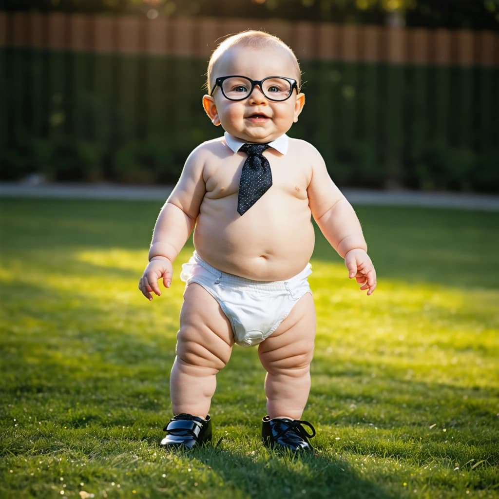Capture a high-resolution, cinematic photograph of a chubby infant, standing unsteadily yet confidently on a soft garden lawn. The baby, adorned in only a white diaper, oversized shiny black shoes, a loosely hanging necktie, and large transparent glasses, appears ready to dance with an imaginary partner. From a bird’s eye view, embrace the golden hour light that casts a soft, warm glow, illuminating the scene and highlighting the baby's subtle smile of confidence and innocence. Employ the rule of thirds to enhance composition, focusing on the close-up details of the accessories while maintaining a soft focus on the baby’s skin to emphasize texture. The background, a blur of pastel-colored trees and flowers, should contain playful elements like balloons and a whimsical butterfly flutter effect, adding depth and a storytelling narrative. Incorporate a playful atmosphere with a candid, unposed moment of the baby lifting one foot, as if caught in a dance step. The contrast of the baby's black and white attire against the vibrant, soft background enhances the visual appeal, creating a memorable, story-rich image.