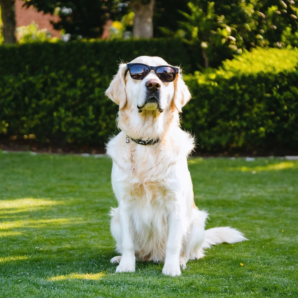 "Develop an 8k, high-definition image depicting a peaceful yet poised golden retriever sitting on its hind legs in a verdant, flourishing garden setting. In this image, the dog dons sleek black sunglasses and a simple collar, the only figure in the frame, exhibiting restrained energy in a still, meditative posture. Bathe the scene in the soft, glowing illumination of a gentle sunrise, highlighting the vivid colors naturally present, and casting a distinct, elongated shadow from the sunglasses for