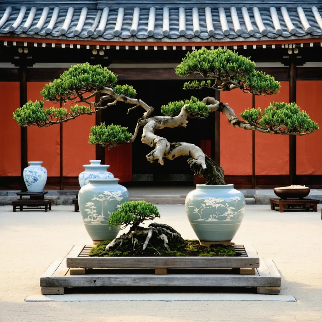 Create a photographic image capturing the serene beauty of a Shogunate-era palace courtyard at dawn. The scene is bathed in soft morning light, enhancing the quiet splendor of the setting. From a bird's eye view, focus on the spiritual essence of ancient bonsai trees arranged meticulously on a raised platform. These rare bonsais, nestled in pristine ceramic vessels with silver inlays, are the heart of the composition, surrounded by red lacquered pillars, golden sliding screens, and a koi-filled stone basin. Achieve a shallow depth of field to emphasize the textured bark of the bonsais, while the rich reds and golds of the courtyard create a vibrant backdrop. Include subtle details like the gentle ripples caused by koi moving in the stone basin and the faint, mystical glow surrounding the bonsai, suggesting their centuries-old legacy. A minimalist composition should reveal the silent stillness of the scene, with a traditional kimono-clad figure adding a touch of cultural significance. Apply a soft focus vintage filter to convey timeless elegance, crafting a scene that's a tribute to natural elements, Zen symmetry, and the mystical aura of a bygone era.