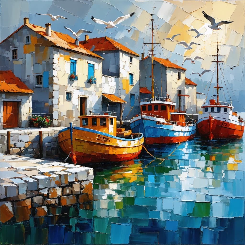 extured oil painting of a small European harbor, moored fishing boats with peeling paint, stone pier, seagulls in flight, colorful waterfront houses, sunlight reflecting on water, layered oil texture, tactile canvas feel, travel illustration style