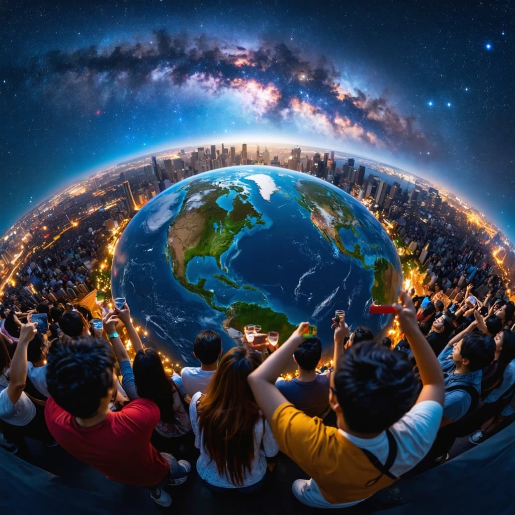 The entire world gathered into one vast New Year selfie, captured through a gentle wide-angle lens that curves the planet into a soft embrace. Iconic landmarks blend harmoniously—Big Ben near the Statue of Liberty, the Eiffel Tower beside the Taj Mahal, Mount Fuji rising behind the pyramids, the Sydney Opera House glowing near Rio’s Christ the Redeemer. People from every culture, age, and background stand close together, sharing calm smiles, quiet joy, and peaceful expressions. Some hold hands, some raise glasses, some rest their heads on loved ones’ shoulders.
Traditional clothing, modern outfits, and everyday wear coexist naturally, reflecting global diversity. Children sit on shoulders, elders smile gently, families and strangers stand side by side. A glowing smartphone in the foreground captures the moment, its screen clear and bright, showing the countdown just reaching midnight.
Behind them, fireworks bloom softly in the night sky, synchronized across time zones, forming warm patterns of light—stars, doves, hearts, and gentle arcs. Confetti drifts slowly like falling snow, illuminated by golden light. Clocks around the world align at the same moment, symbolizing a shared beginning.
The scene radiates unity, resilience, and optimism—an imperfect but sincere world stepping forward together. Hopeful, emotionally uplifting, cinematic realism, ultra-high detail, soft festive lighting, vibrant yet calm colors, global New Year celebration.
