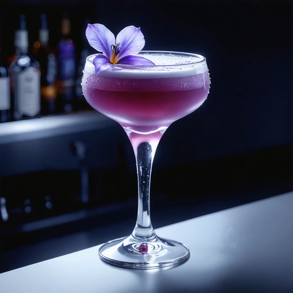 Enhance this prompt: "Design a breathtaking 8K ultra-realistic image that showcases a tulip-shaped cocktail glass brimming with a mesmerizing lavender-hued beverage. Embellish the edge with a minute, delicate violet flower as a garnish, adding a touch of natural elegance. Position the glass a touch off-center on a shadowy bar counter, glowing subtly with ethereal blue-purple hues reflected on its polished surface. Apply side illumination to accentuate the glass's alluring curvature and to bring attention to the minute condensation droplets beading on its surface. Integrate mirror reflections in the design for depth and a thin wisp of intriguing smoke gracefully rising from the drink for a hint of mystery. Opt for a low side angle framing to underline the glass's tall, refined silhouette, ensuring ample negative space surrounds it to emphasize its elegance. Intersperse vintage-themed props such as a time-worn metallic spoon or aesthetic coaster subtly in the backdrop. Lastly, incorporate cinematic selective color grading to encapsulate an enigmatic, nocturnal atmosphere that heightens the mood."