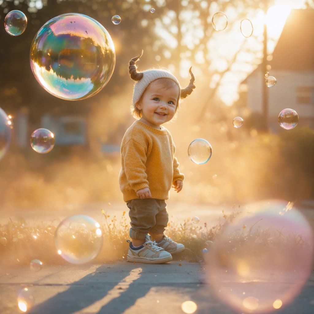Craft a concept art piece that encapsulates a cinematic and surreal portrait of a smiling child in a sunlit playground. The scene is awash in soft pastel colors under the warm embrace of golden afternoon light. The child, with a round, innocent face and bright, curious eyes, is slightly oversized in a sweater and worn sneakers. Surrounding them, bubbles float gently in the air, each catching the light in a dance of reflections. Among these playful elements, subtle hints of change and unease weave into the narrative: the child's shadow twists into a horned silhouette, and within one bubble, a pair of glowing red eyes lurk. The child's smile, just a tad too wide, adds to the unsettling undertone, as does the wind's soft touch, lifting dust and leaves in a whisper of movement. This dreamy realism, peppered with hand-drawn details reminiscent of a storybook, should carry a soft film grain and vignette effect to enhance its vintage charm. The scene's ultra-detailed textures, from the fine knit of the sweater to the scuff marks on the sneakers, demand attention, while the golden hour glow adds a layer of warmth. Dramatic angles and a contrast in scale between the child and their twisted shadow introduce a cinematic quality, with floating elements and reflective surfaces enhancing the surreal atmosphere. The emotional contrast is sharply drawn through color contrast, and the entire composition is imbued with a sense of ambiguous narrative, like a viral cinematic moment paused in time.