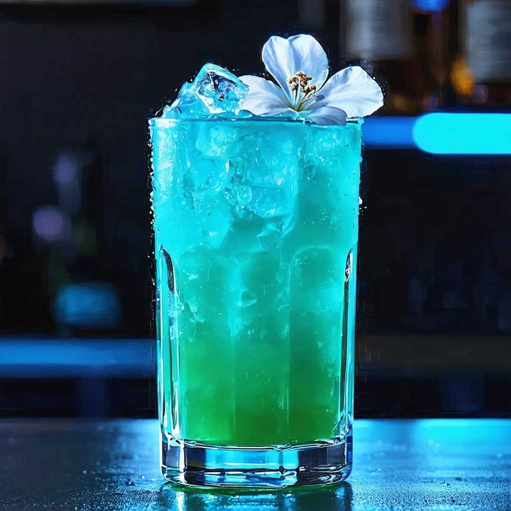 Conjure up a hyperrealistic 8K cinematic image that captures a towering highball glass filled with an intoxicating blue-green cocktail, crowned with a delicate white floral garnish. This scene unfolds in a sophisticated, enigmatic bar drenched in shadows, with stray reflections of neon blue and teal lights dancing across the icy glass and polished bar surface. 

Let the camera lens capture in exquisite detail the tiny droplets of condensation that bead on the surface of the glass, a testament to the refreshing chill of the drink. Enlighten the scene with a soft backlight, which artfully illuminates the elongated silhouette of the glass, further enhancing the majesty of the cocktail. Inject an element of mystery and dynamism by threading a wisp of smoke or a breath of mist through the atmosphere.

Capture the scene from a low-to-mid angle shot, ensuring the cocktail remains the sharp protagonist of the image, contrasted against a soft-focused, shallow depth-of-field background. Frame the drink with vintage bar paraphernalia such as an antiquated cocktail jigger and a seasoned bar towel, adding layers to the narrative. Ensure there is a generous amount of negative space to create a harmonious visual balance.

Apply subtle, cinematic color adjustments selectively, drawing attention to the crystalline clarity of the glass and enhancing the overall mood of the scene. The final image should feel like a deep, saturated pause in time - a chiaroscuro cocktail moment, frozen for eternity.