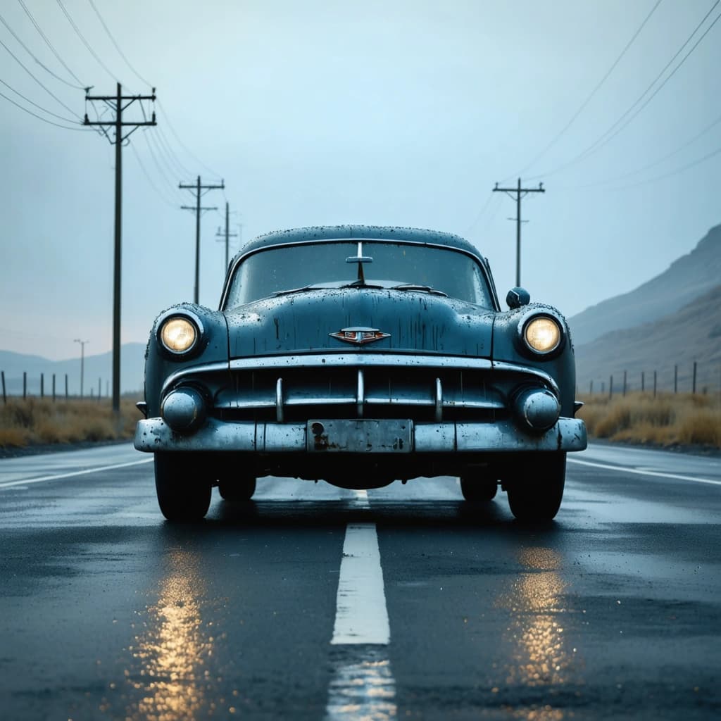 Create a photographic image capturing a classic car in front view, parked on an infinite highway. The scene is steeped in the solitude of twilight, its soft, indirect glow casting deep shadows and highlighting the car’s silhouette. The car, a mysterious figure of bygone eras, its charcoal bodywork adorned with a satin finish, shows signs of gentle decay and usage. Dew droplets, acting as tiny prisms, scatter across its surface, enhancing the texture and depth. A mysterious man, dressed in a coat and holding a cigar, stands by, his enigmatic gaze adding to the scene’s allure. The composition adheres to the rule of thirds, placing the car strategically to draw the viewer’s eye. The color grading emphasizes desaturated charcoal tones, while a shallow depth of field focuses attention on the car, leaving the background subtly blurred with hints of fog for atmosphere. Reflective surfaces play with the twilight’s glow, and a vintage film grain overlay adds a timeless quality. This moment of stillness, captured with 8k resolution, showcases the intricate balance of motion and stillness, enveloping the viewer in a cinematic, detailed, and profoundly atmospheric scene.
