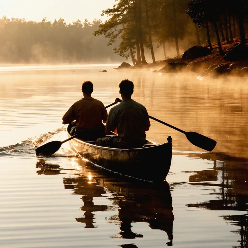 Craft a hyperrealistic photograph capturing two individuals on a canoe, effortlessly gliding over calm, reflective waters under the soft, diffused glow of golden hour light. The scene is rich with natural ripples on the water's surface, reflecting the gentle motion of paddling. Both individuals are dressed in casual clothing, hinting at dampness from their journey, with realistic skin tones glowing under the warm light. The environment envelops them in authenticity, featuring trees, rocks, and a subtle mist that adds depth and mystery to the composition. Embrace the muted technicolor tones reminiscent of a 35mm film to infuse the image with vintage charm, complemented by a fine film grain that adds texture and analog realism. The depth of field should be shallow, focusing on our subjects while softly blurring the background, enhancing the intimate atmosphere of the moment. Highlights and shadows play across the scene naturally, with clothing details and wrinkles defined yet softened by the light. Adhere to the rule of thirds for a balanced composition, ensuring the canoe and its passengers anchor the image with grace and emotion.