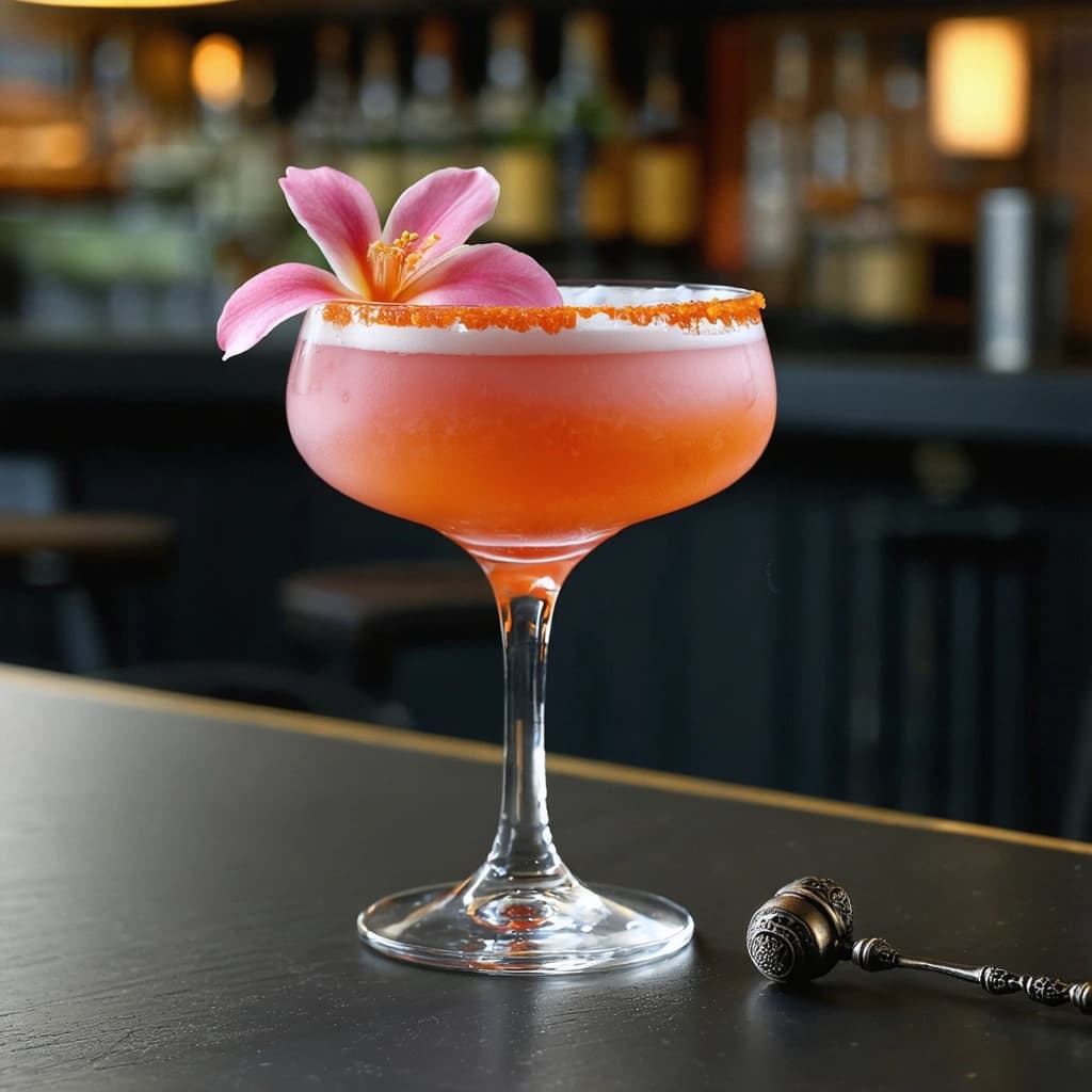 Create a photorealistic 8K image of a coupe glass holding a pink-orange gradient cocktail, garnished with a small orange blossom on the rim. Place it in a dimly lit bar with warm and magenta reflections bouncing on the table and glass. Use soft rim lighting to highlight the glass curves, subtle condensation, and macro texture on the liquid surface. Include a faint smoke wisp and mirror reflections for depth. Frame from a slightly top-side angle to show the liquid layers and garnish, leaving negative space around the glass. Add vintage props like a small cocktail stirrer or coaster to suggest narrative, with cinematic color grading enhancing elegance and mood.